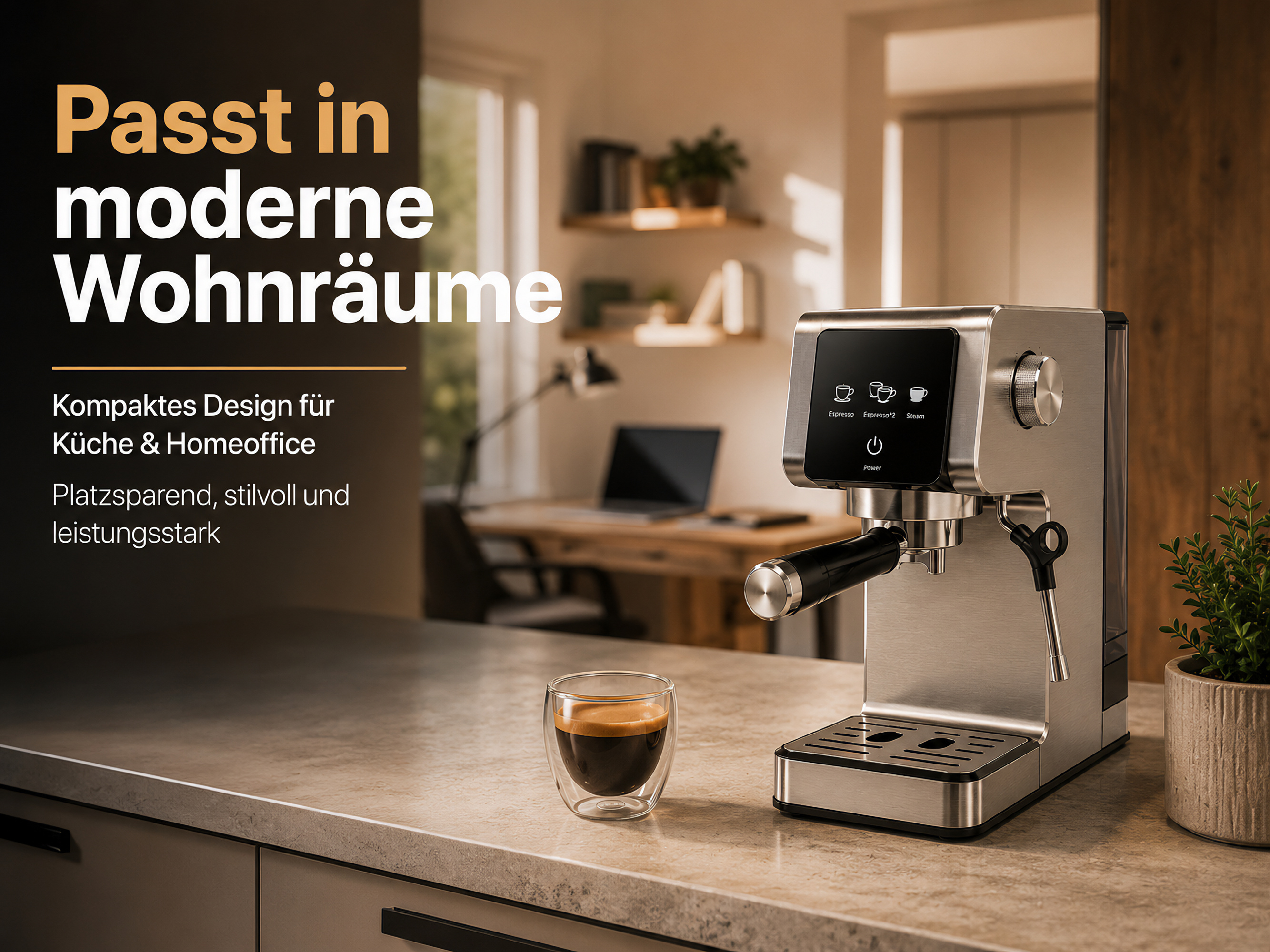 Edelstahl-Espressomaschine mit Glas und Schreibtisch im Hintergrund.