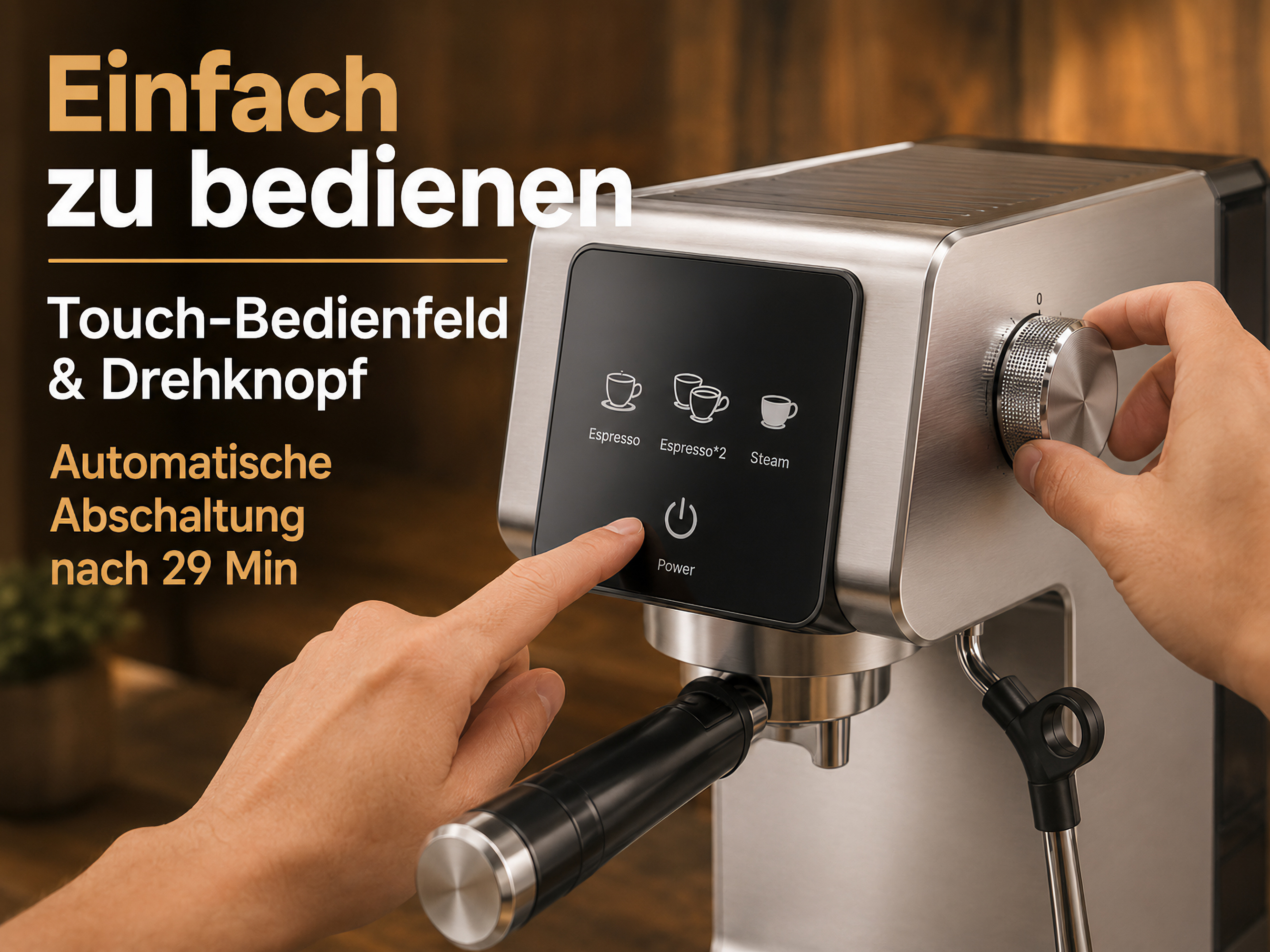 Eine Hand passt den Drehknopf an, eine andere berührt das Touch-Bedienfeld.