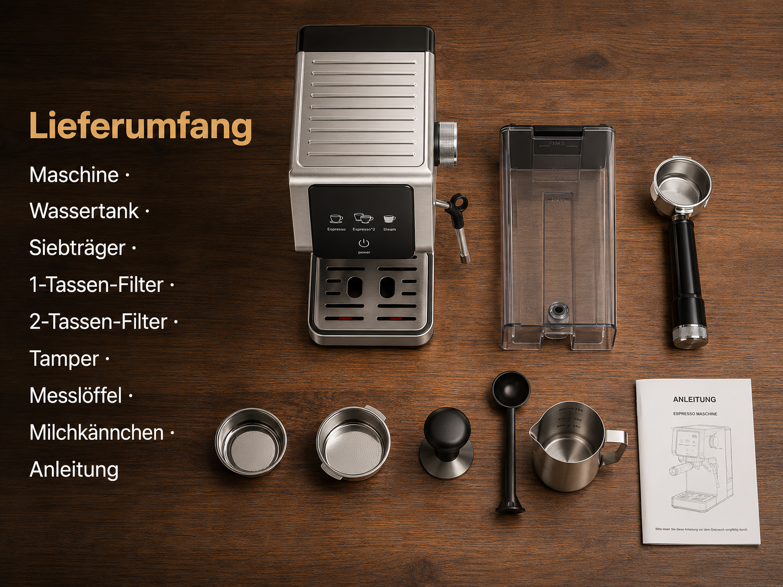 Espressomaschine mit Zubehör: Wassertank, Siebträger, Filter, Tamper, Löffel, Kännchen, Anleitung.