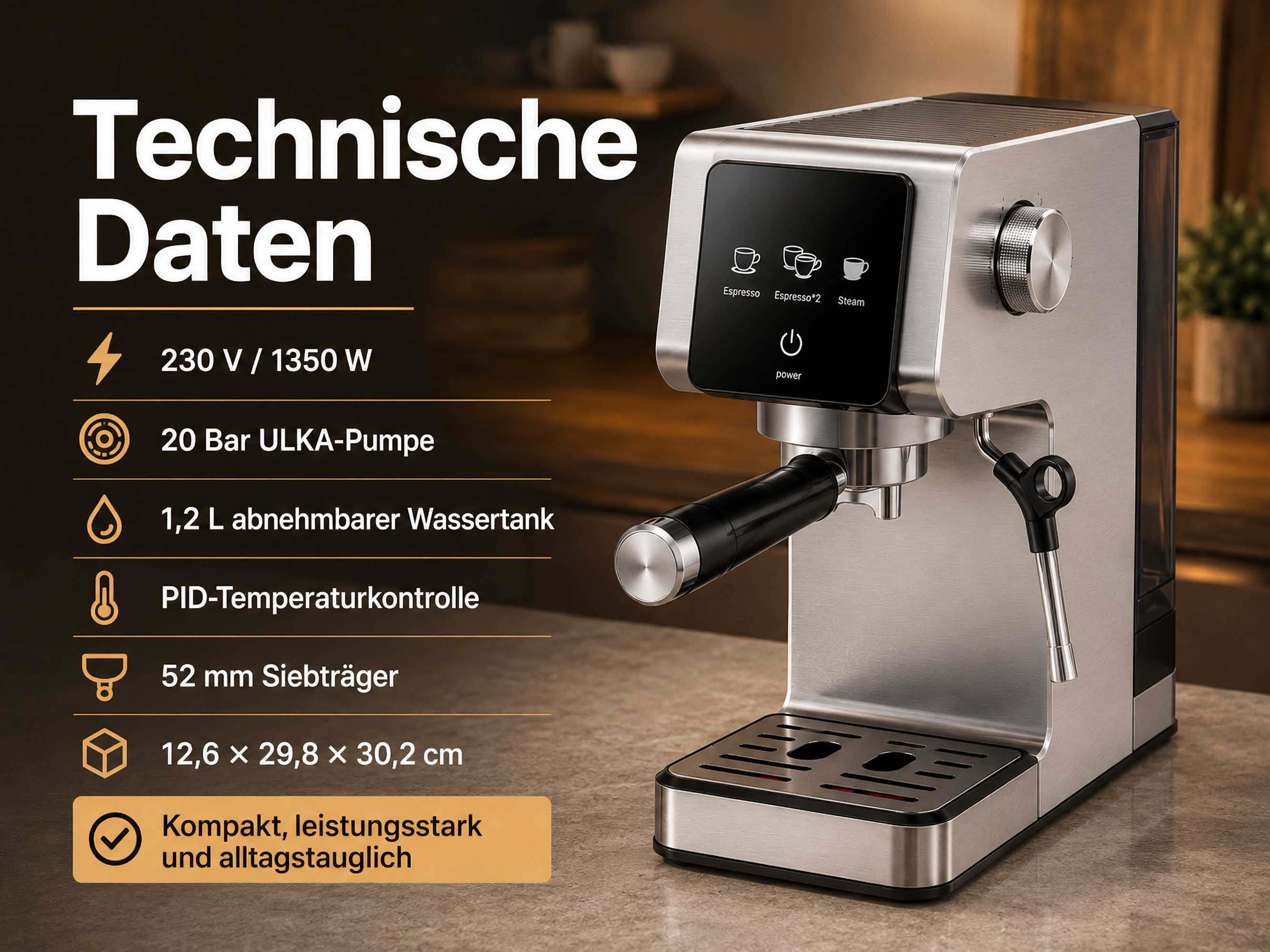 Edelstahl-Espressomaschine mit Touchscreen und technischen Daten.