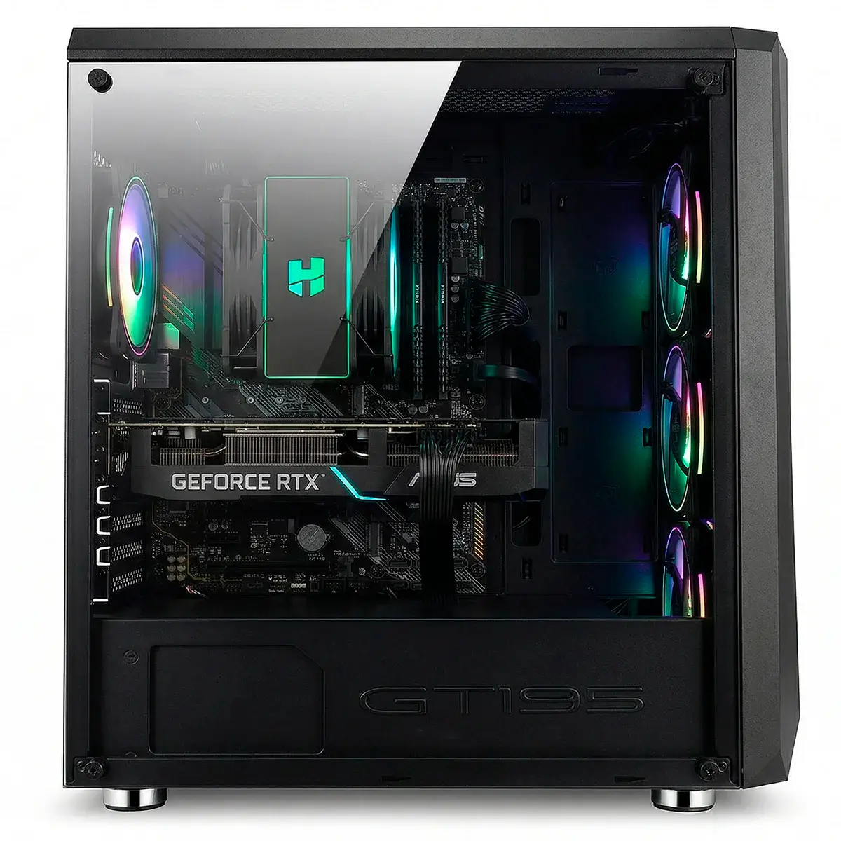 PC da gaming nero con ventole RGB e scheda grafica GeForce RTX.
