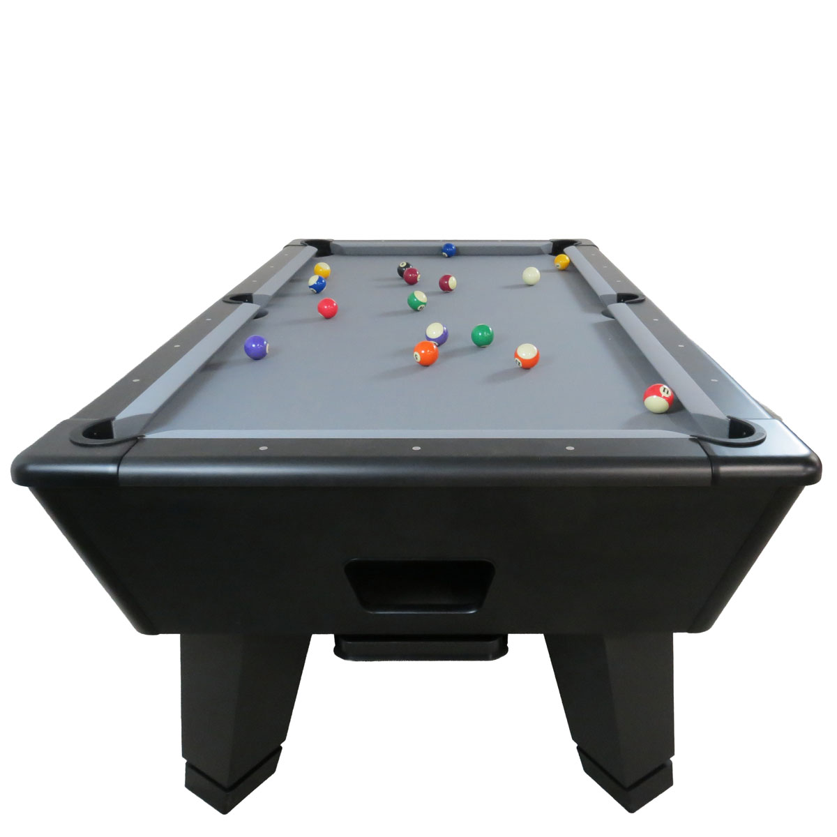 A black pool table with a grey felt surface and many colorful balls.