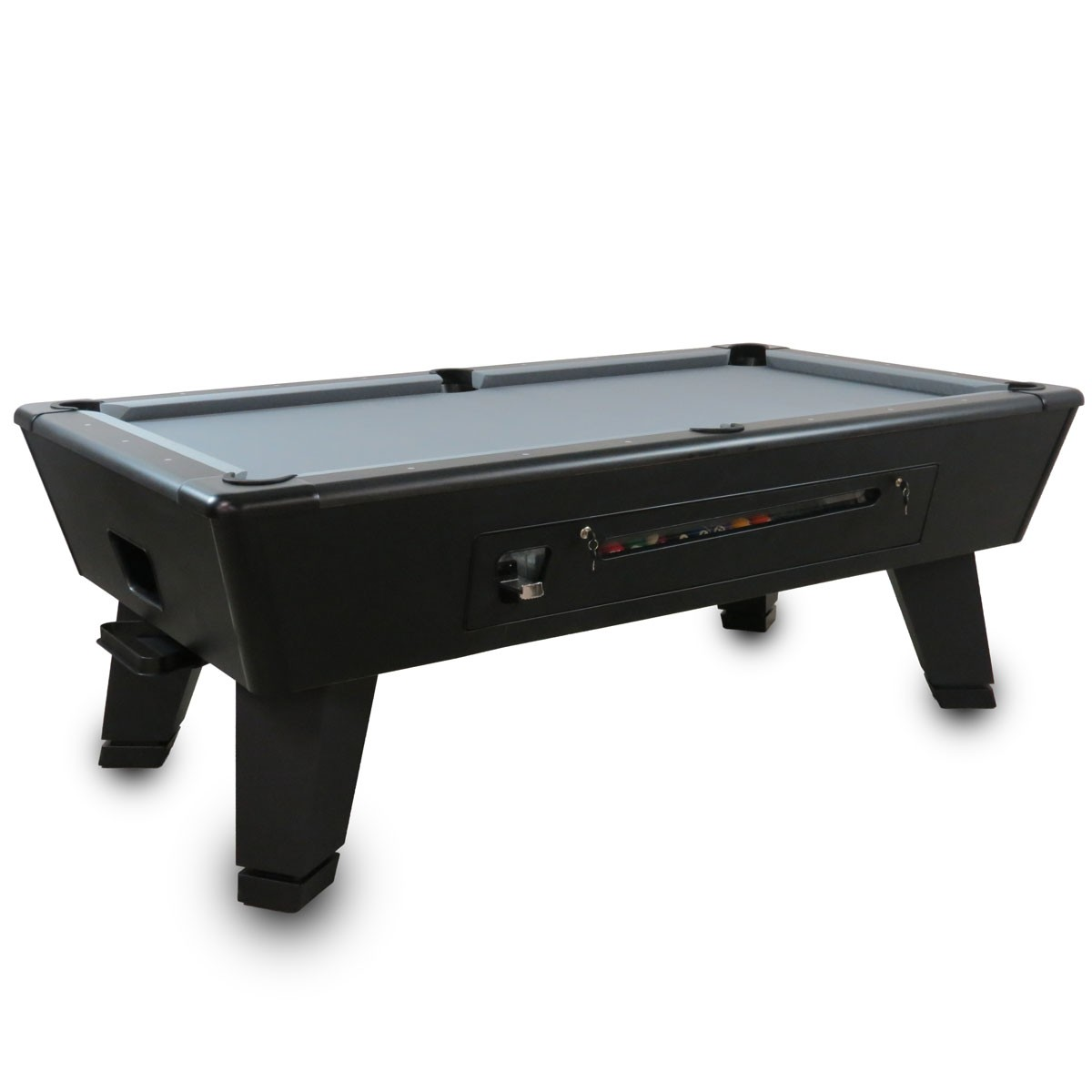A black billiard table with a grey felt surface and coin mechanism.