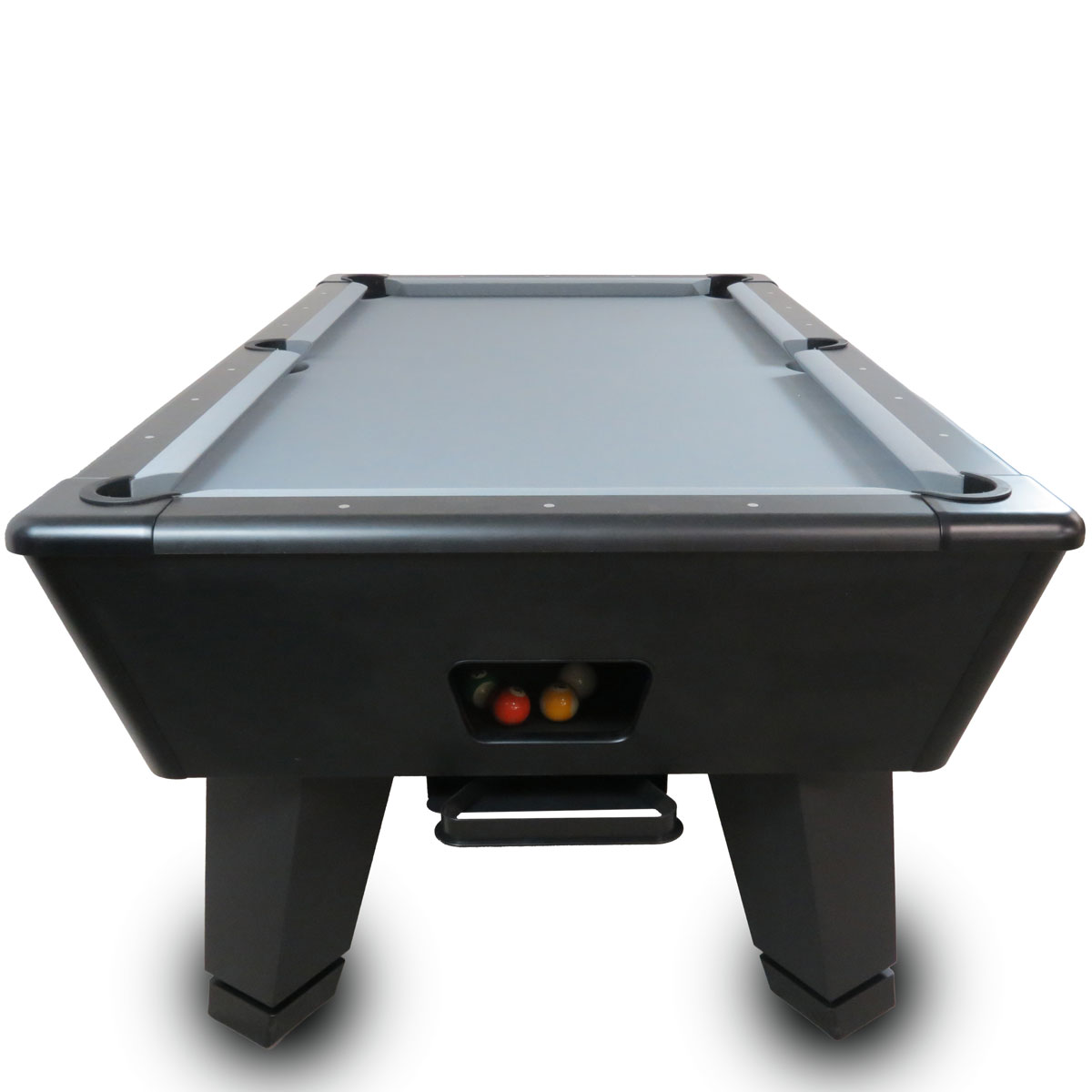 A black pool table with a gray felt surface and balls visible in the pocket.