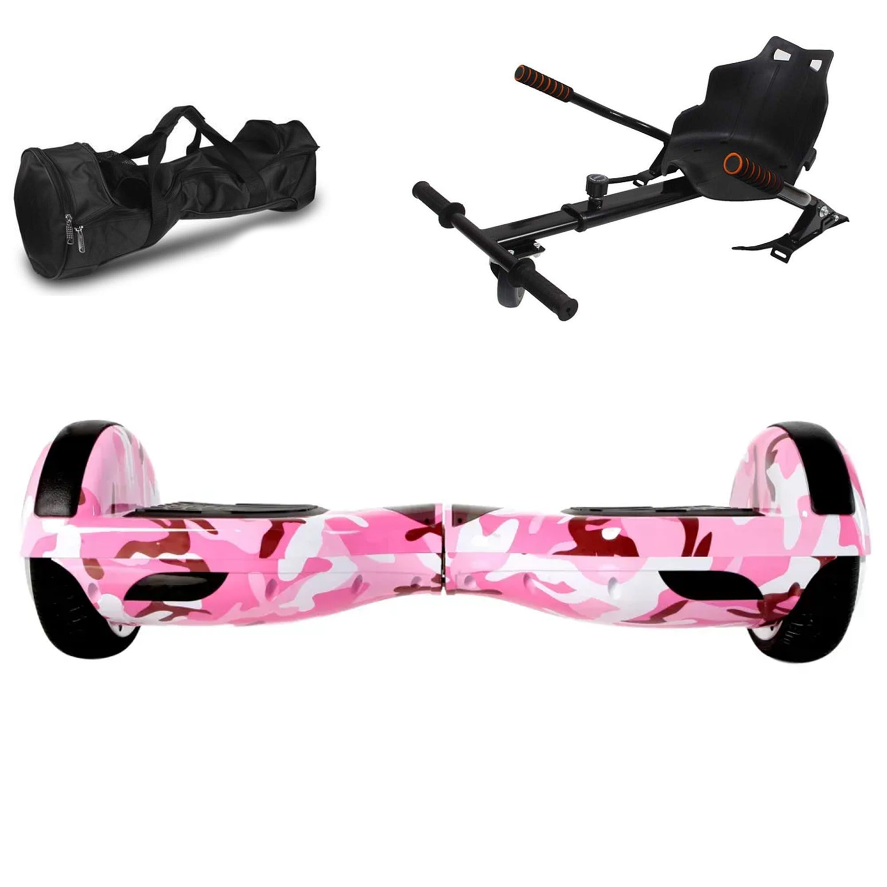 Pembe kamuflaj hoverboard, taşıma çantası ve go-kart aparatı.