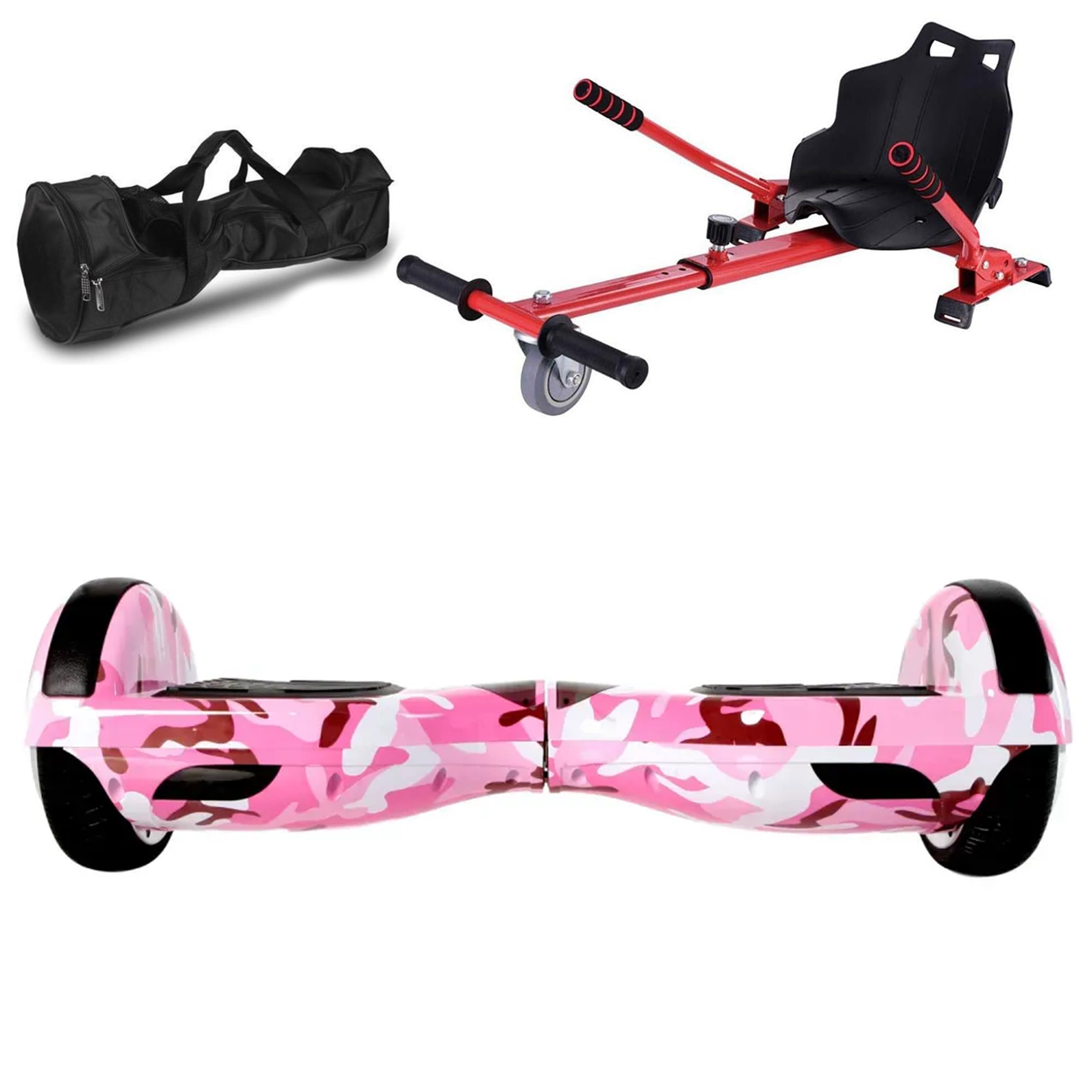 Pembe kamuflaj hoverboard, siyah taşıma çantası ve kırmızı hoverboard koltuk aparatı.