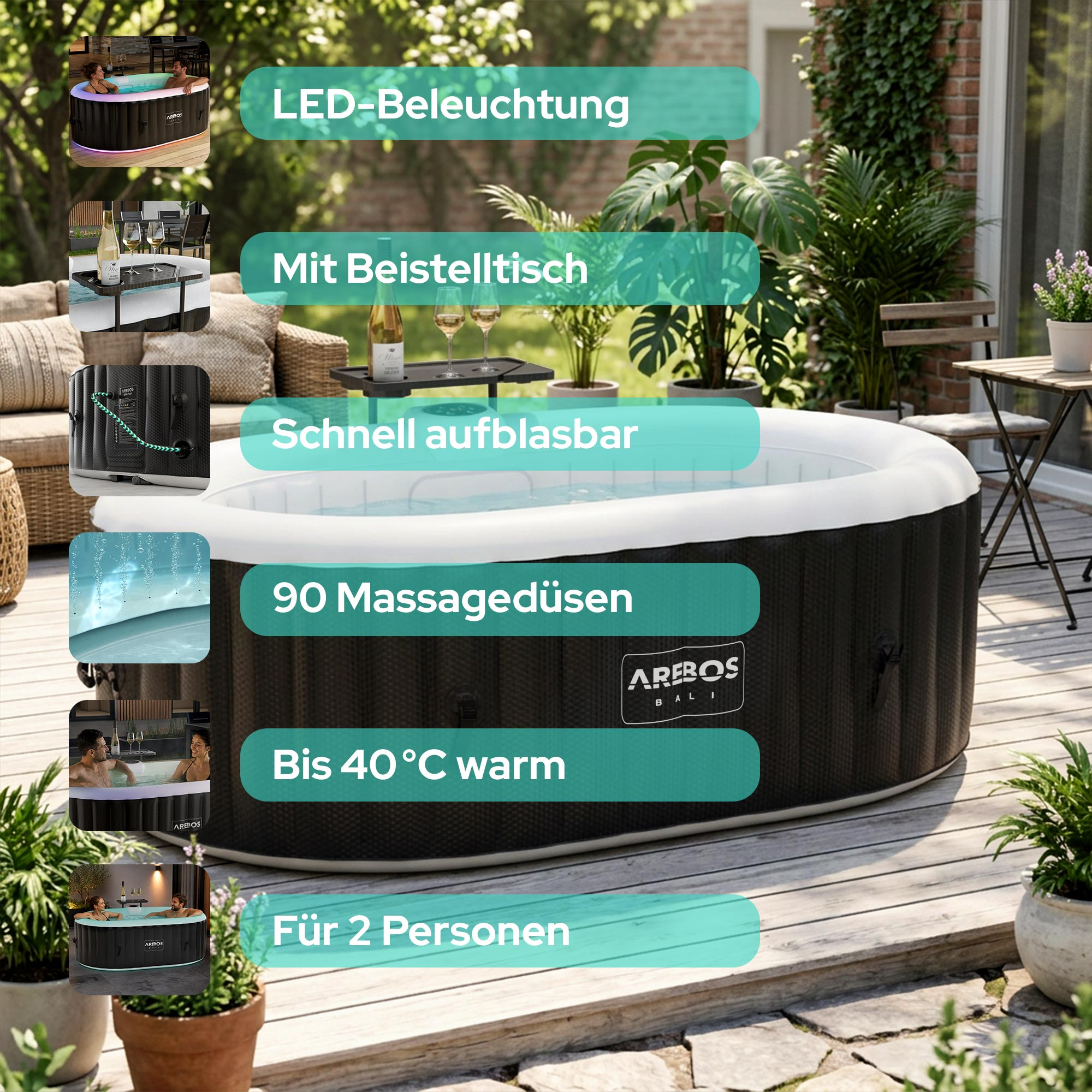 Aufblasbarer Whirlpool mit LED-Beleuchtung, Beistelltisch, 90 Düsen, 40°C warm, für 2 Personen.