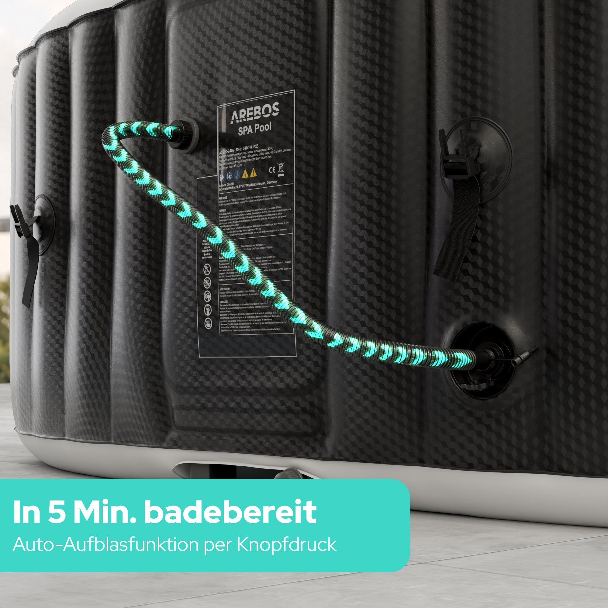 Aufblasbarer Whirlpool mit blau leuchtendem Schlauch und Bedienungsanleitung.