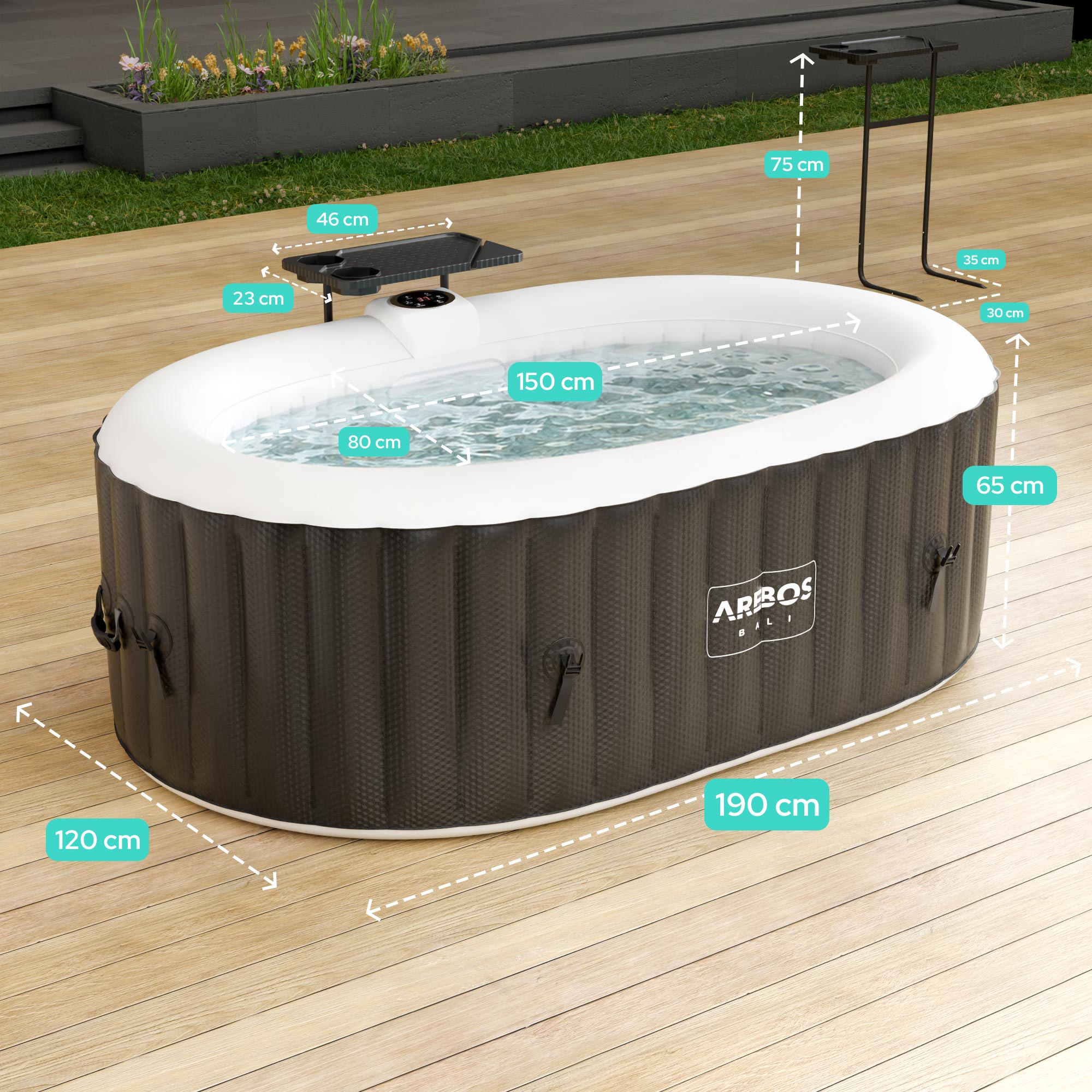 Aufblasbarer Whirlpool mit Abmessungen, auf einer Holzterrasse.