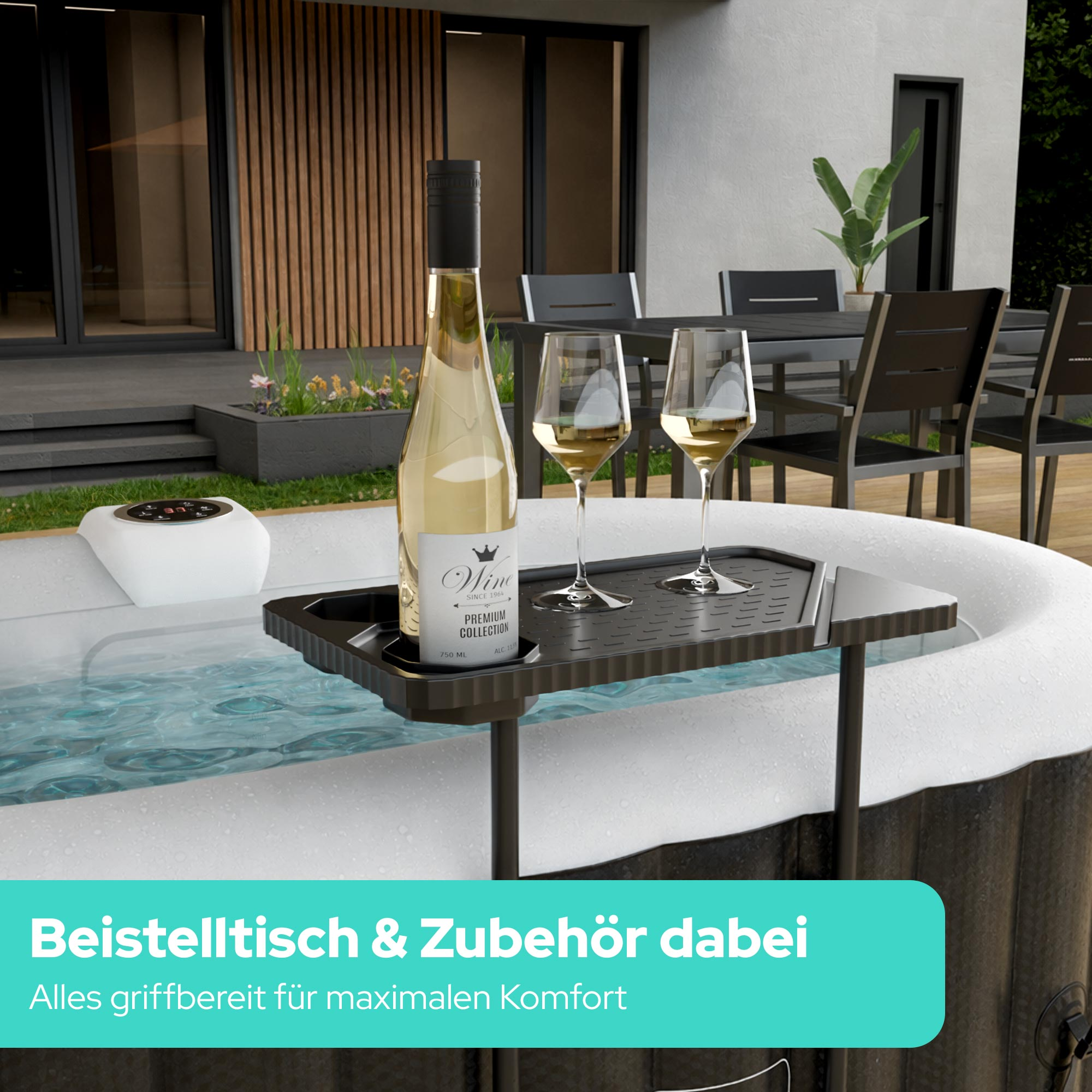 Ein Beistelltisch mit Weinflasche und Gläsern über einem Whirlpool.