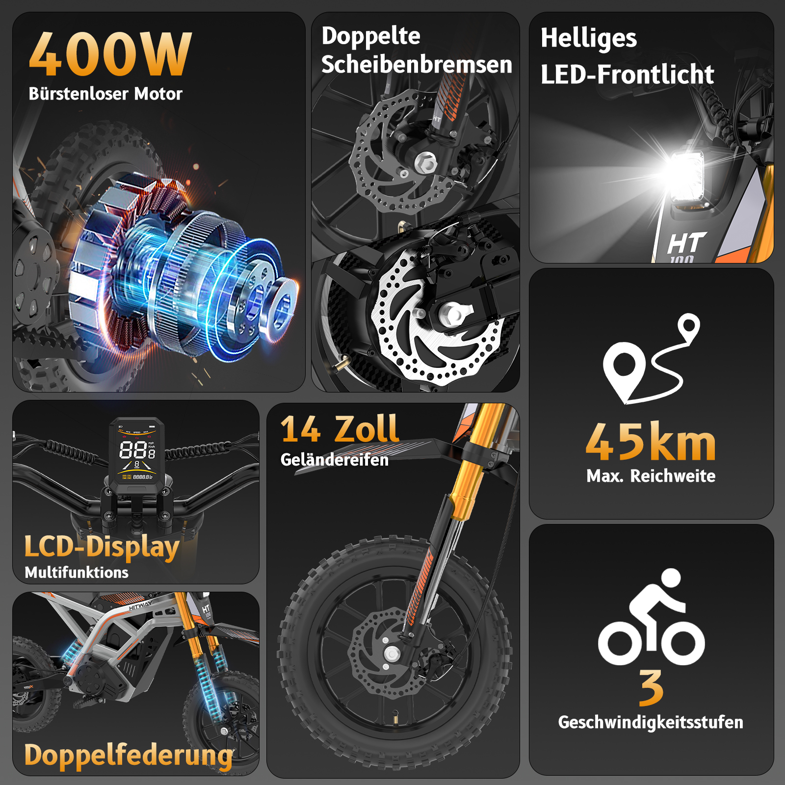 Détails vélo électrique: moteur 400W, double frein à disque, lumière LED, pneus 14 pouces.