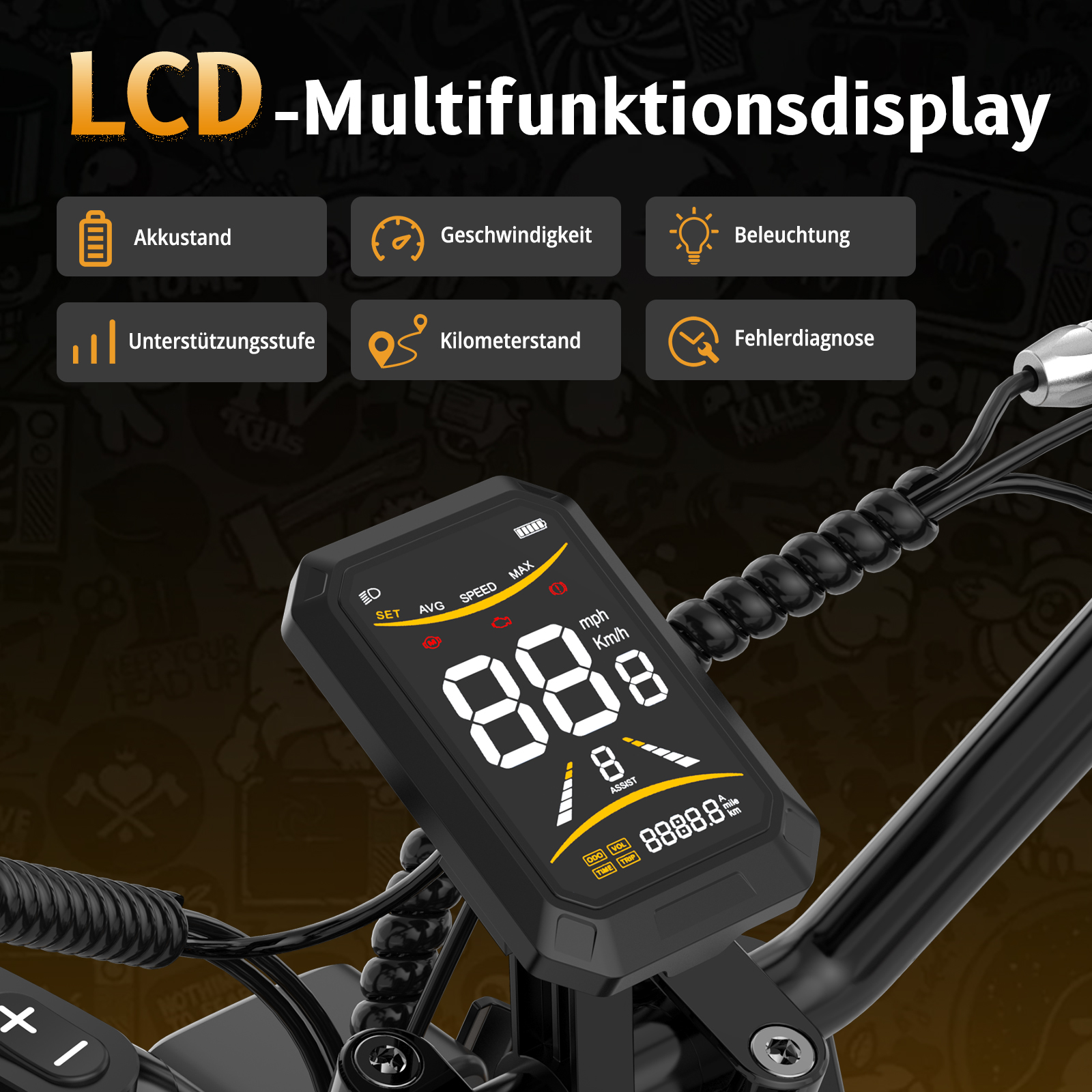 Affichage multifonction LCD indiquant batterie, vitesse, lumières, niveau d'assistance, distance.