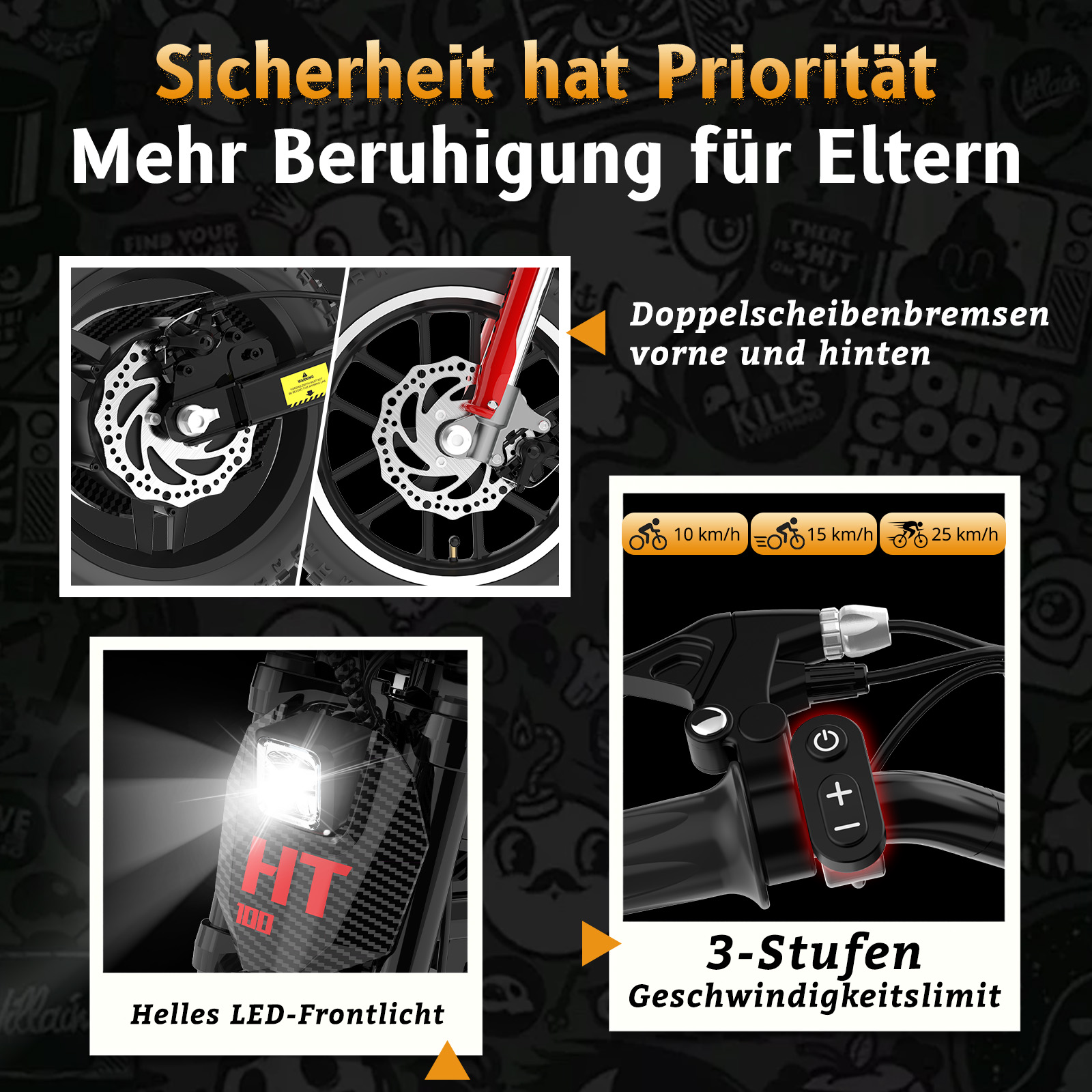 Anzeige von Doppelscheibenbremsen, LED-Frontlicht und 3-Stufen-Geschwindigkeitslimit.