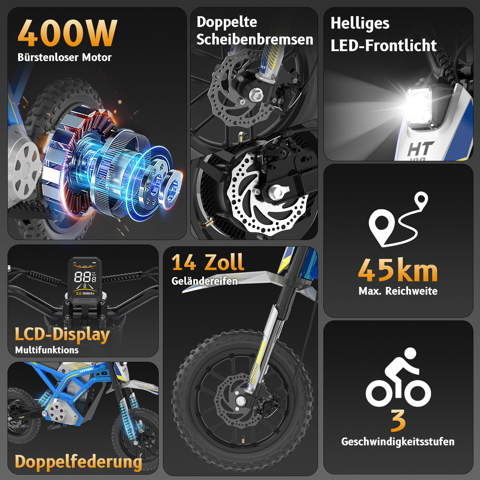 Collage montre les caractéristiques du vélo électrique : moteur 400W, freins à double disque, lumière LED, écran LCD, pneus 14", 45km.
