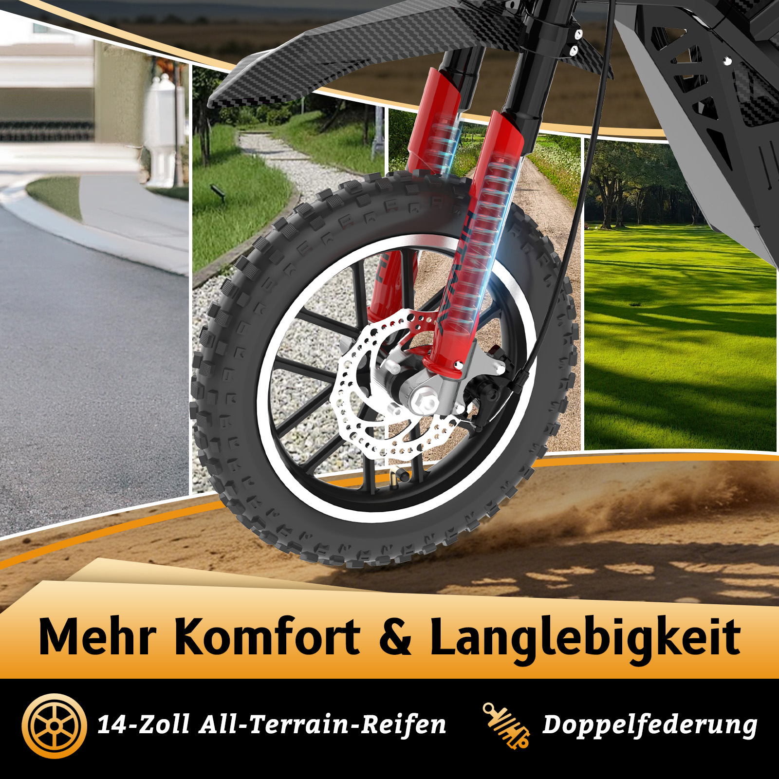 Detailansicht eines Motorrads mit roten Stoßdämpfern, Geländereifen und Karbonfaser-Schutzblech.