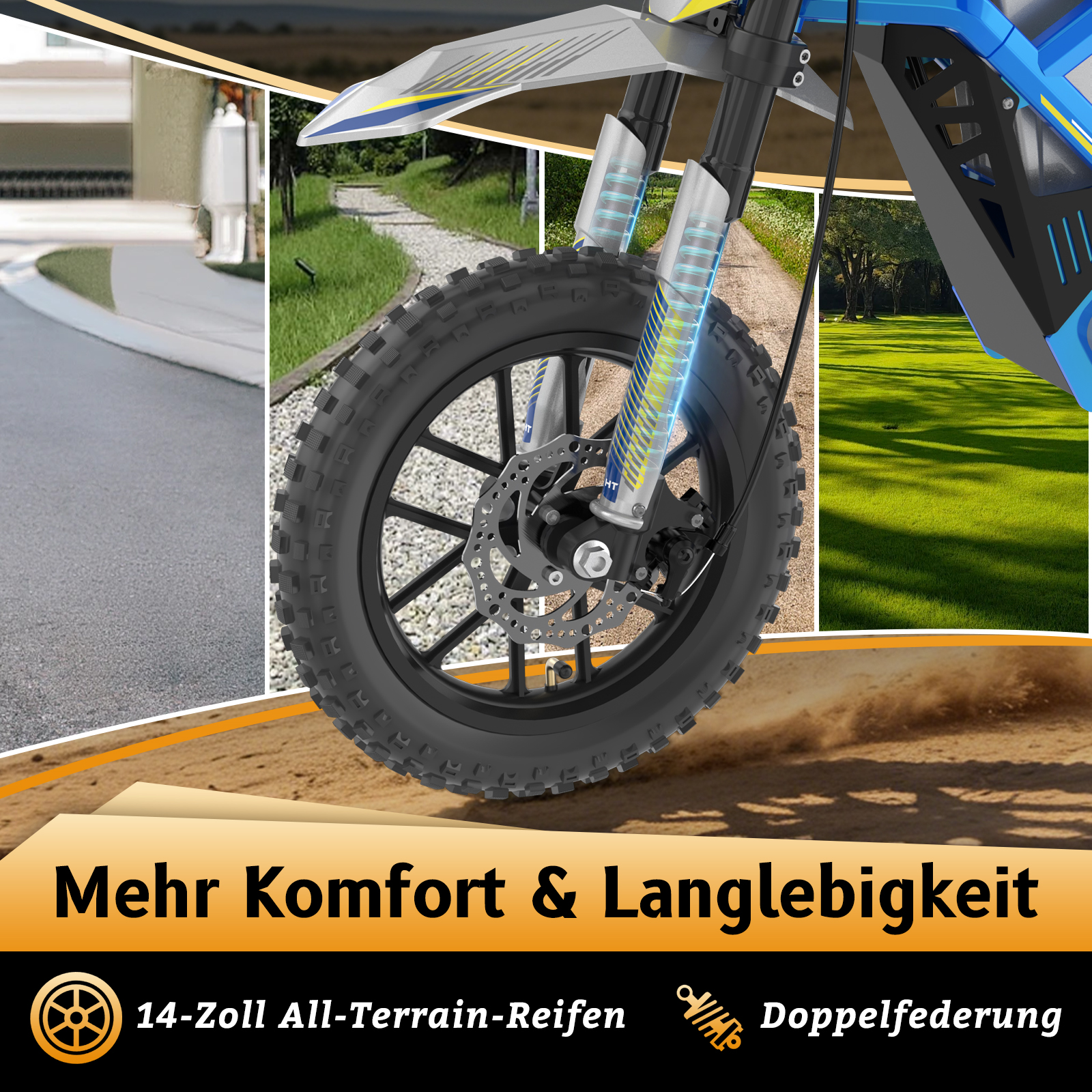 Une moto avec pneus de 14 pouces et double suspension sur divers terrains.
