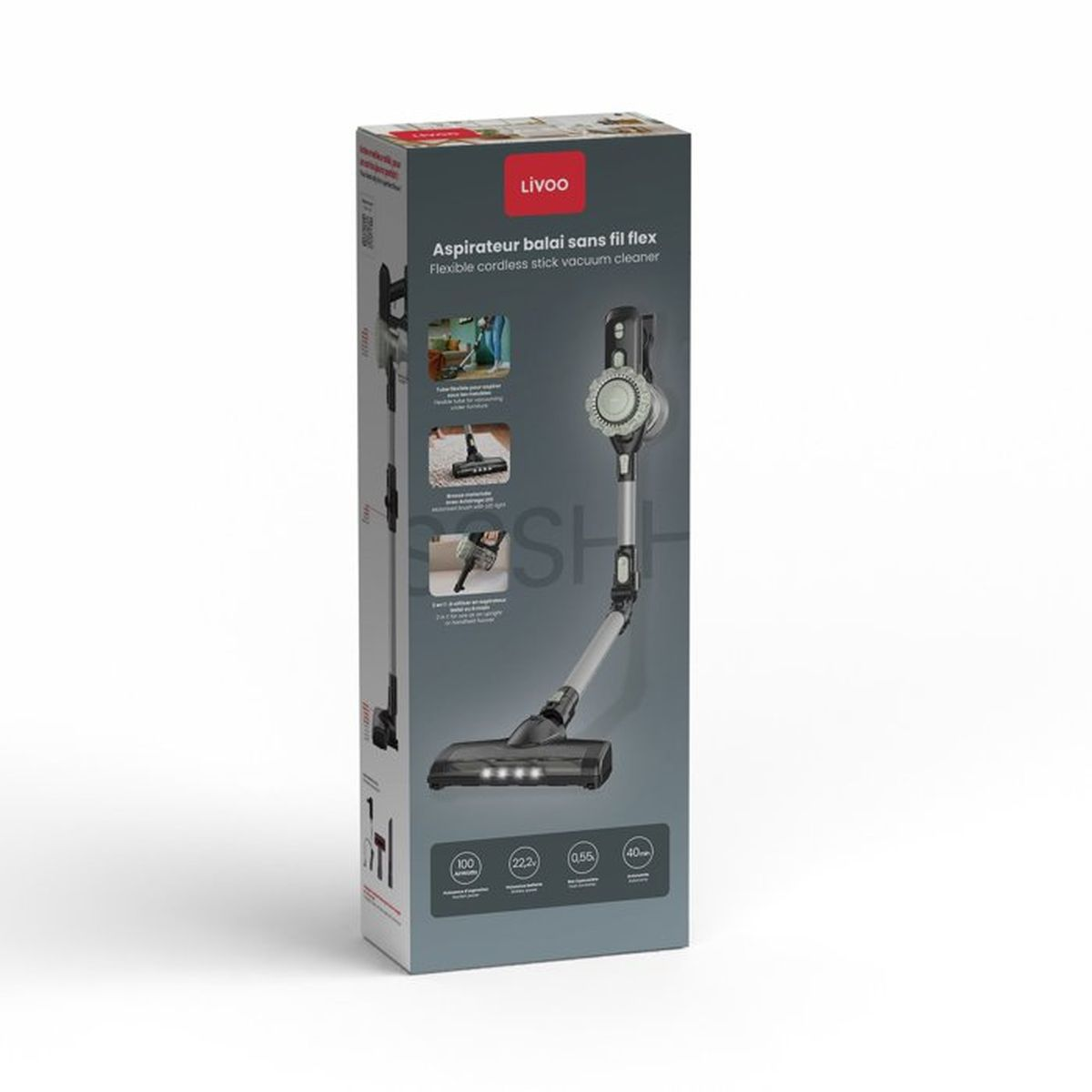 Verpackung eines flexiblen, kabellosen Stielstaubsaugers von Livoo mit Produktbildern.
