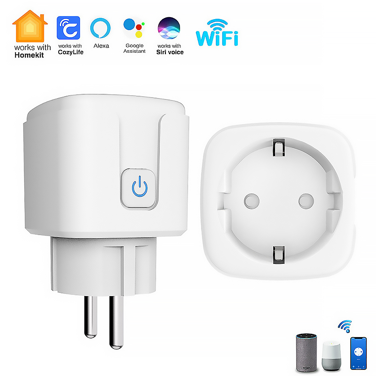 Ein weißer Smart-Stecker mit Ein-/Aus-Symbol und WLAN-Logo.