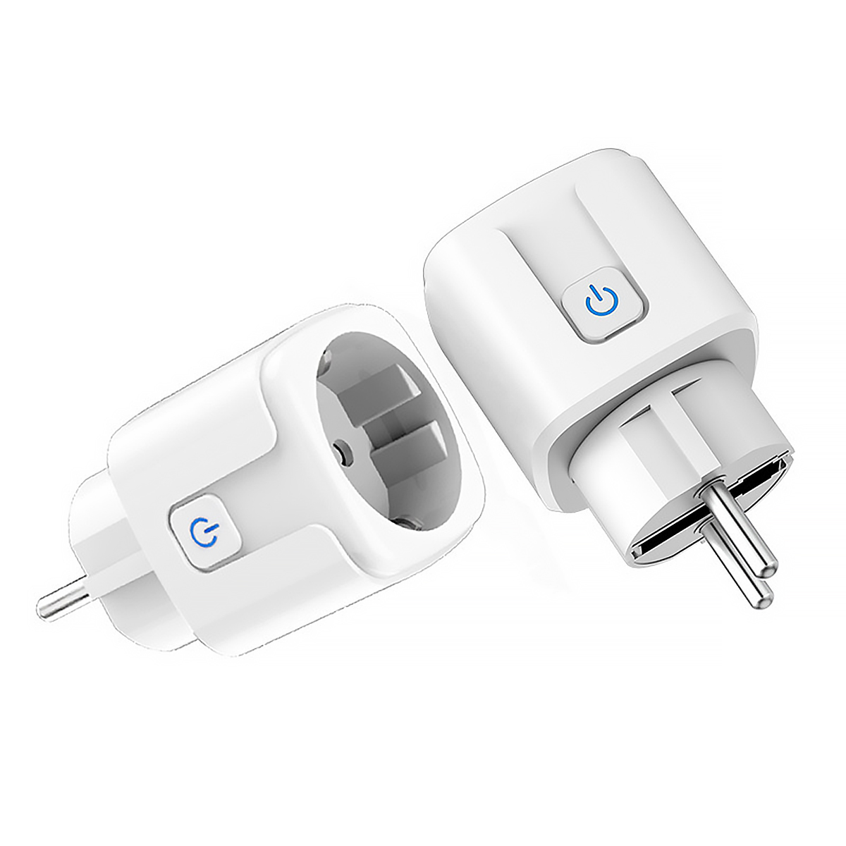 Zwei weiße Adapter, einer als Steckdose, der andere als Stecker.