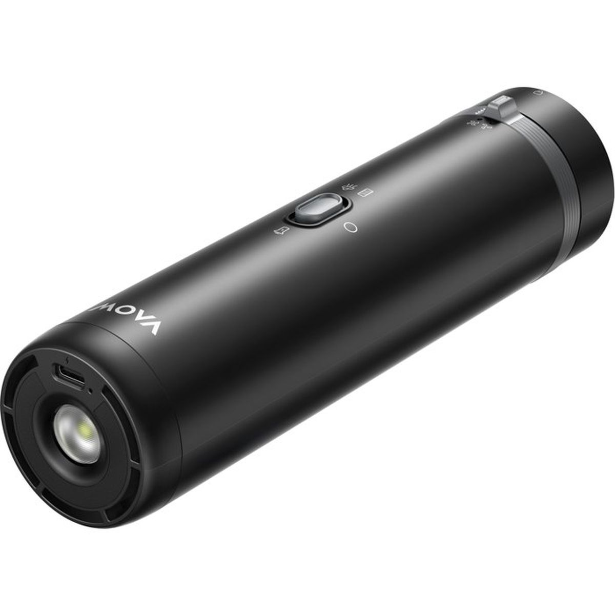 Torcia nera con controlli argentati e logo, porta USB-C.