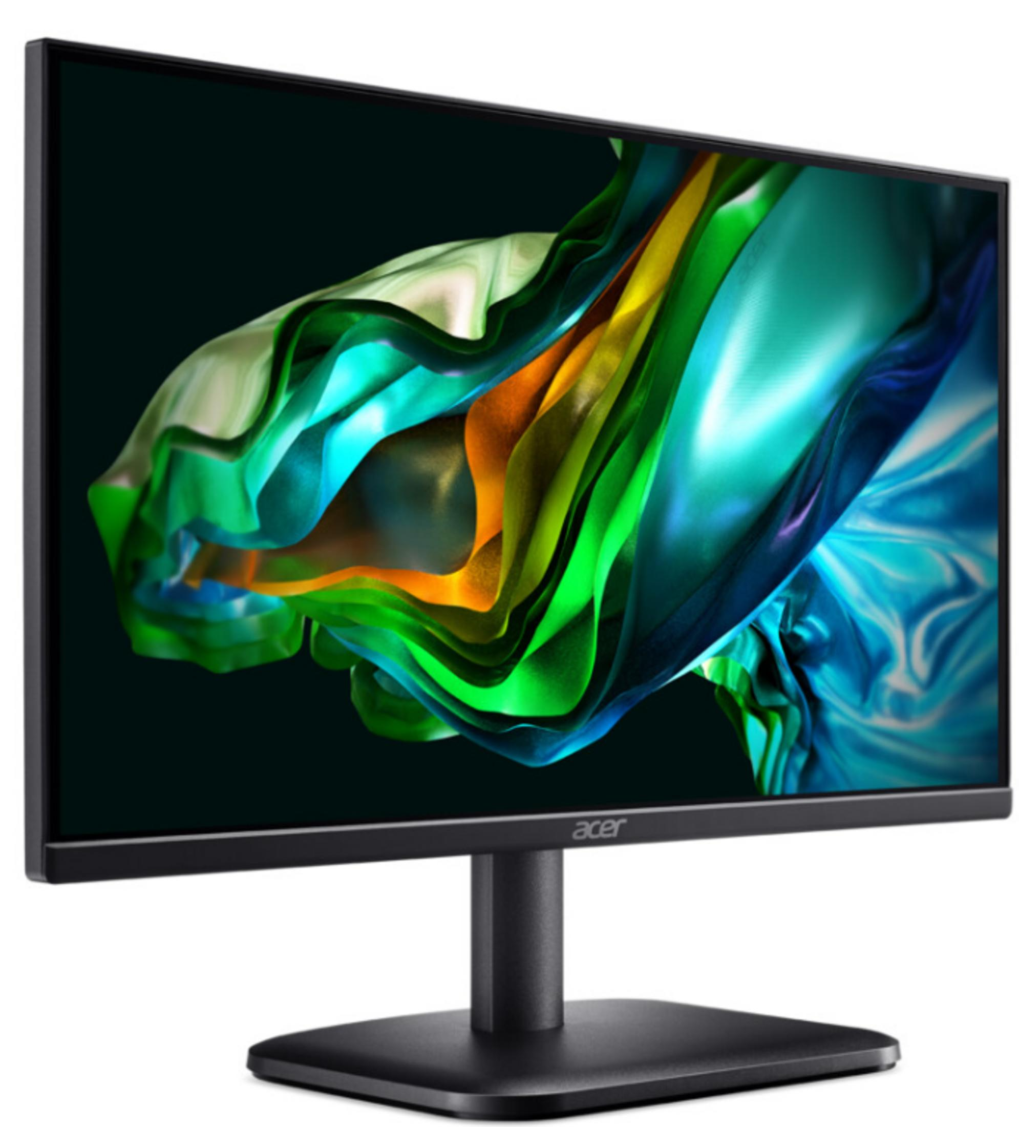 Un monitor Acer nero mostra una grafica astratta e fluida nei toni del verde, blu e arancione.