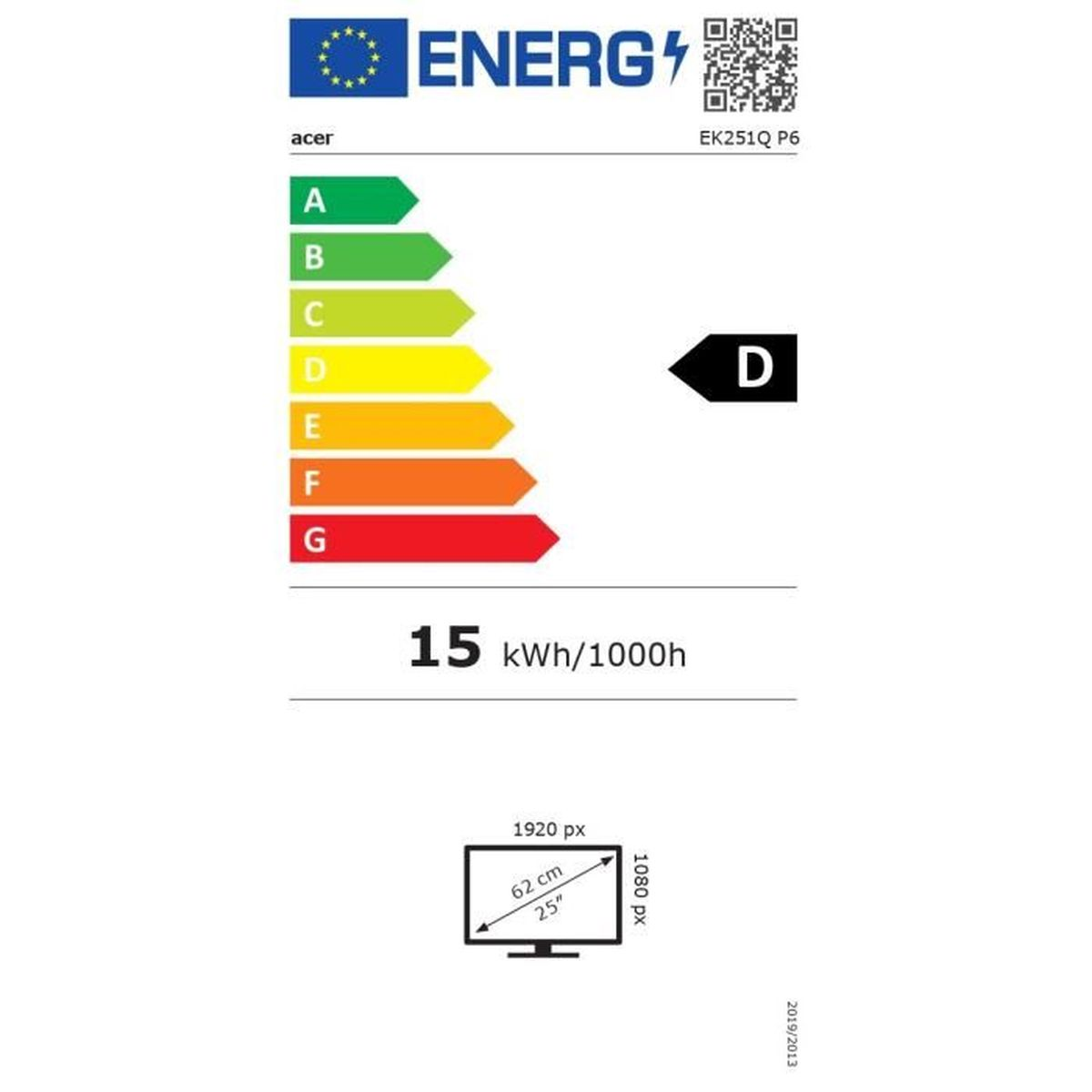 Etichetta Energetica Acer: Classe D, 15 kWh/1000h, schermo da 25 pollici.