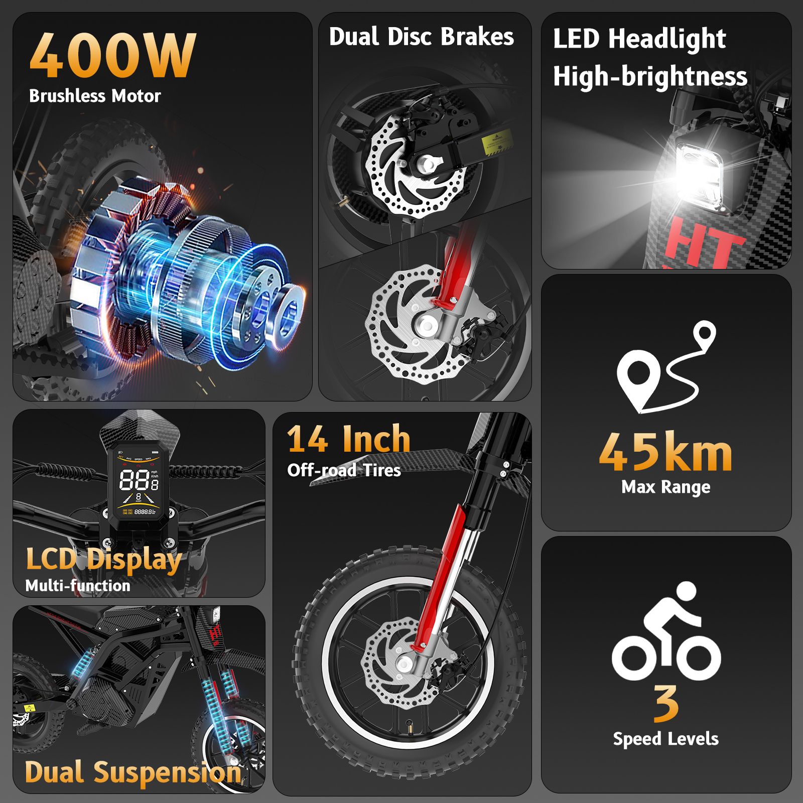 Illustrazioni di componenti per e-bike: motore, freni, faro, pneumatici, display, autonomia e livelli di velocità.