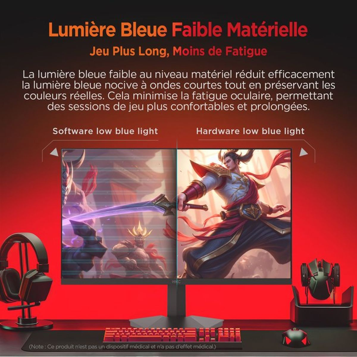 Monitor mostra giochi con luce blu bassa software e hardware. Accessori da gioco accanto.
