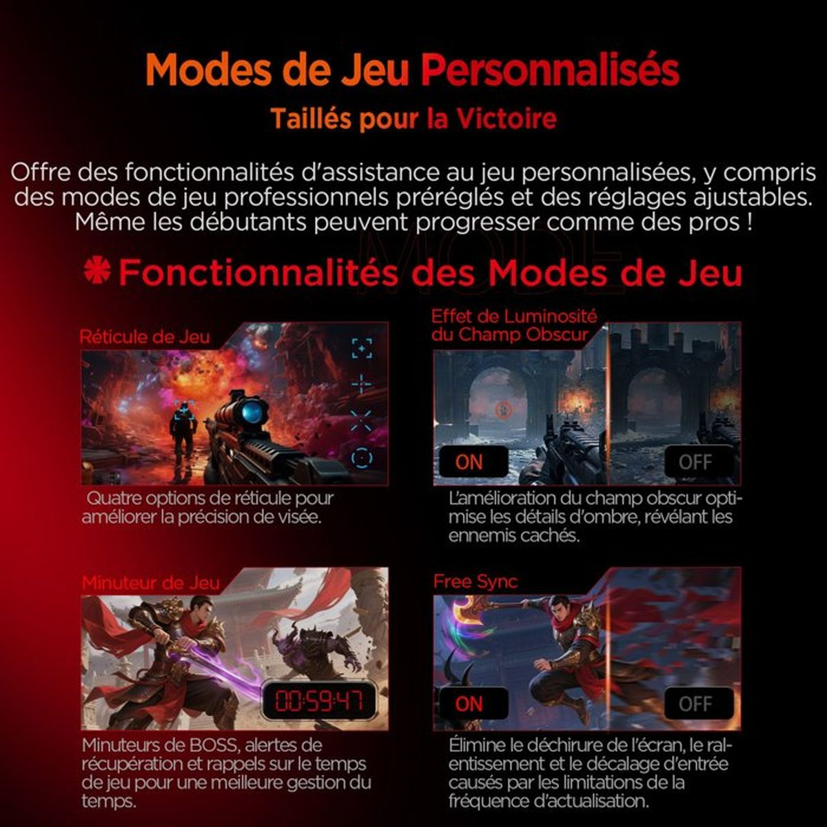 Grafica mostra quattro funzionalità della modalità di gioco: reticolo, luminosità campo scuro, timer e free sync.