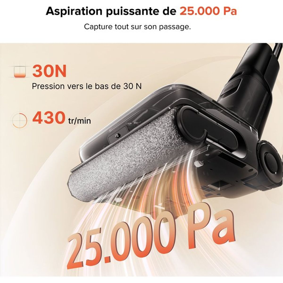 Testina aspirapolvere con 30N di pressione e 430 giri/min, 25.000 Pa aspirazione.