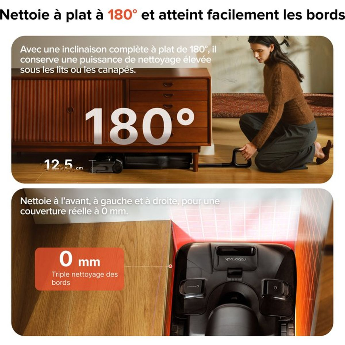 Un robot aspirapolvere pulisce piatto a 180° sotto i mobili e i bordi a 0 mm.
