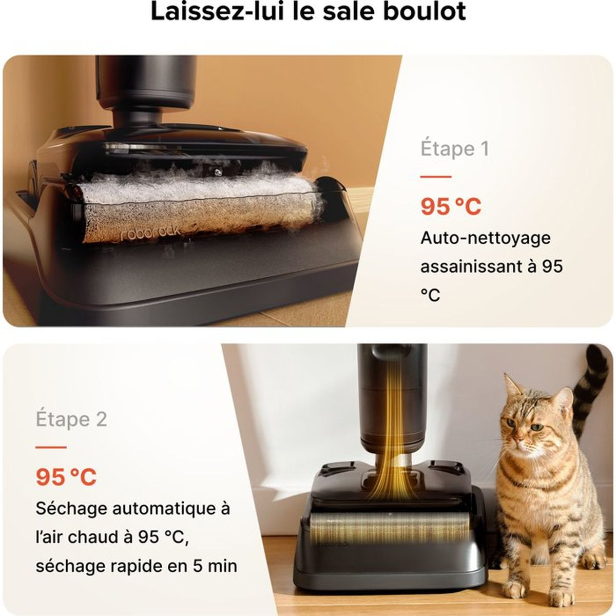 Aspirapolvere robot con funzione autopulente e di asciugatura a 95°C.