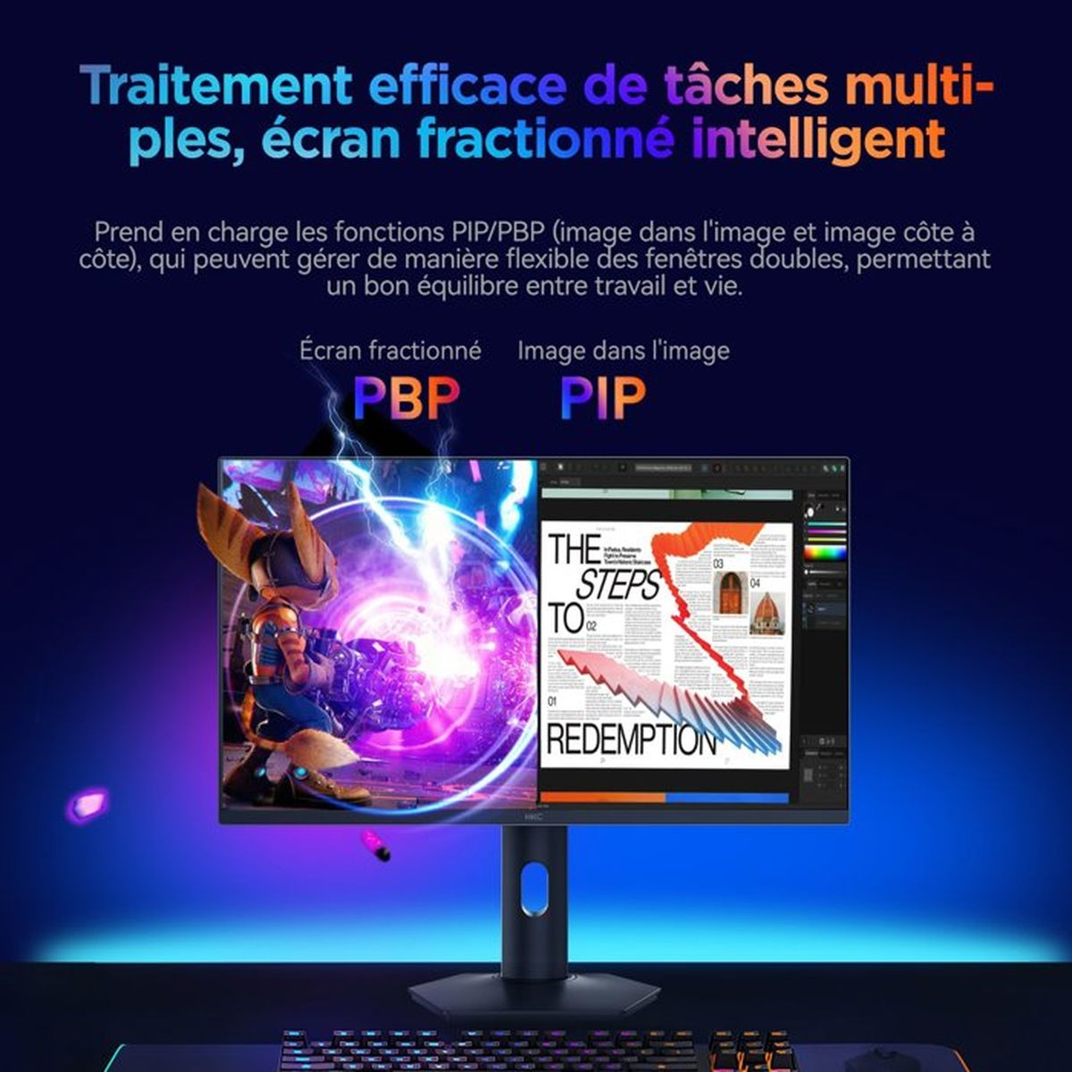 Un monitor mostra un gioco a sinistra e una pubblicazione a destra con funzionalità PBP/PIP.