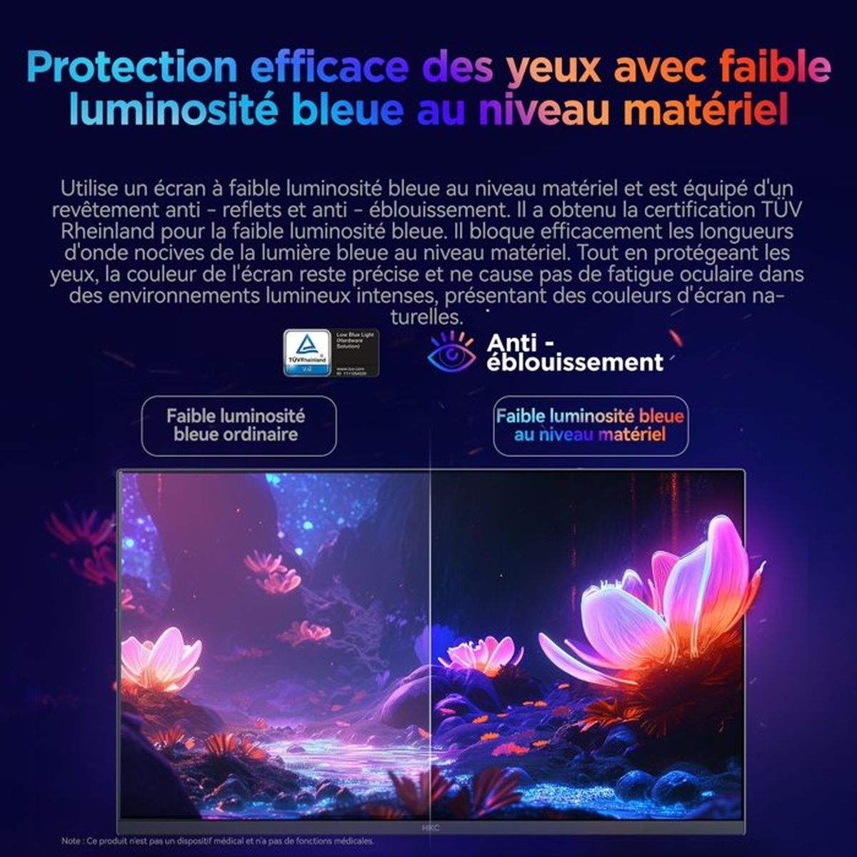 Confronto affiancato dei display: a sinistra luce blu ordinaria, a destra luce blu a livello di materiale.