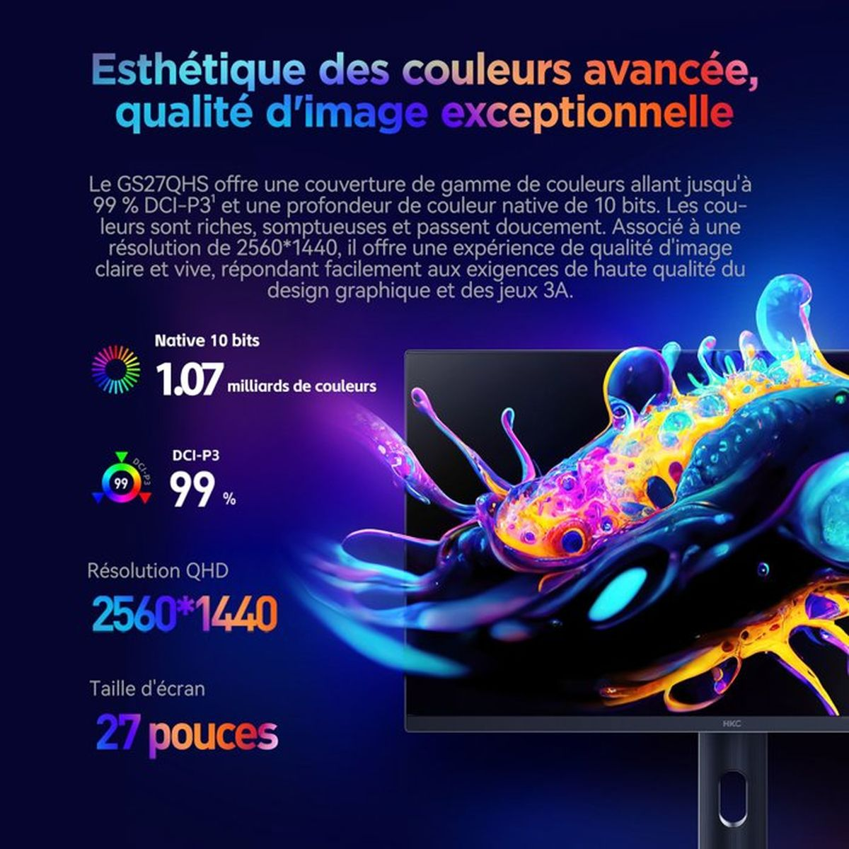 Un monitor che visualizza un'immagine astratta e vibrante con specifiche tecniche.