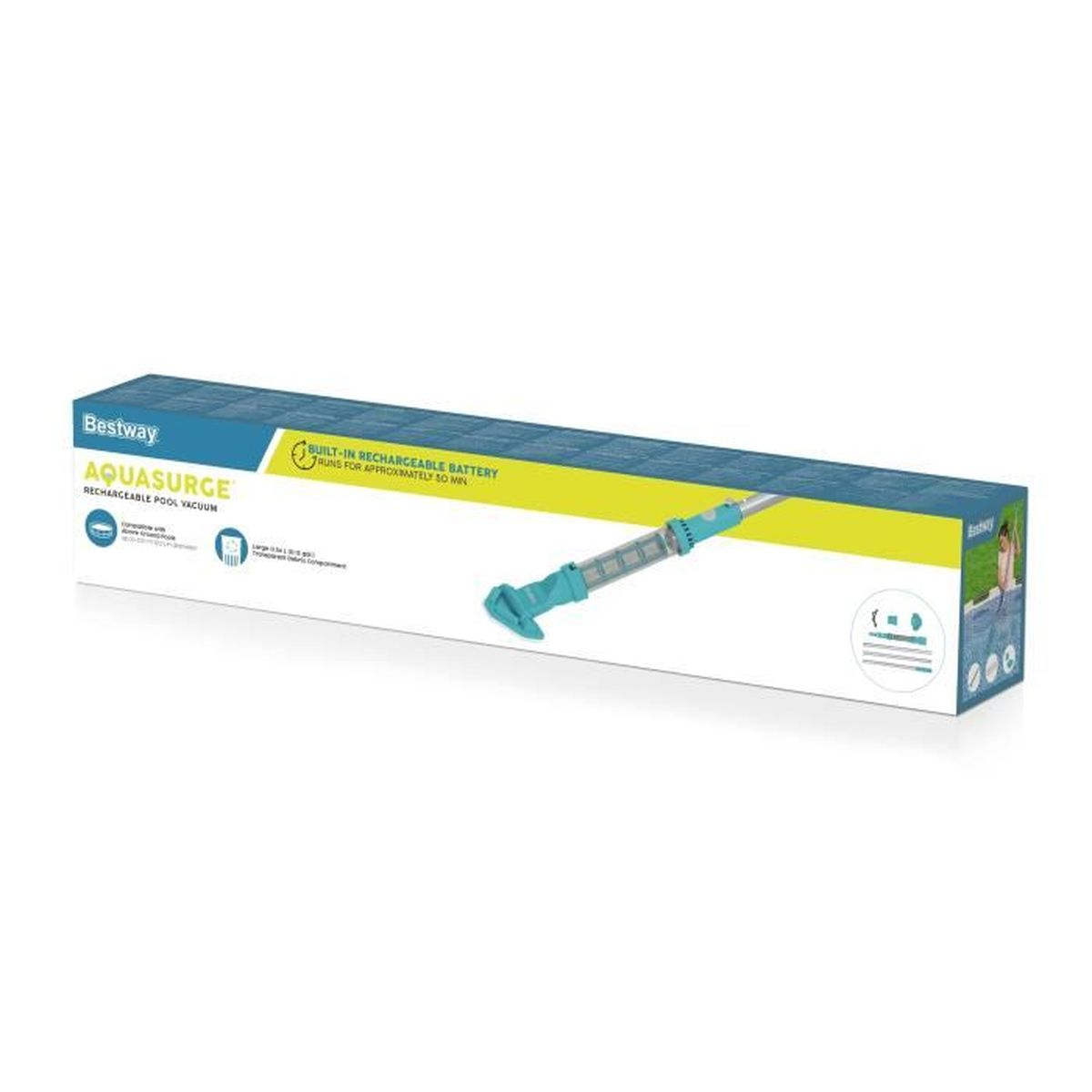 Verpackung für einen Bestway Aquasurge Akku-Poolsauger in Türkis und Grau.
