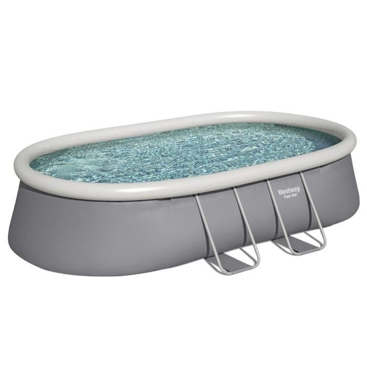 Ein ovaler, aufblasbarer Pool mit grauem Rand und blauem Wasser.