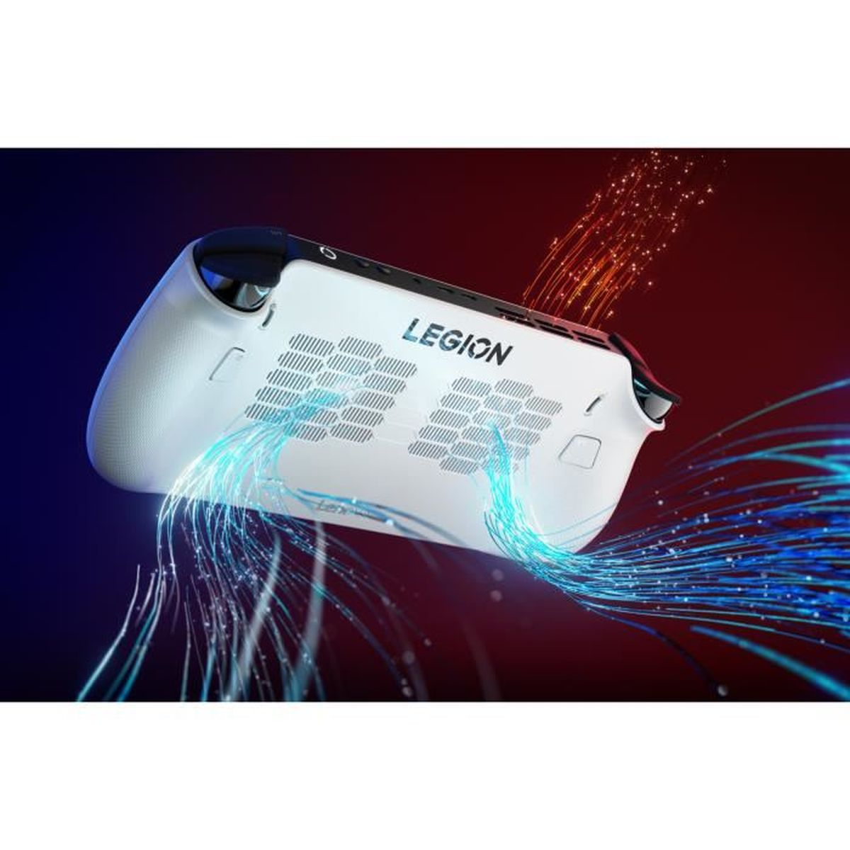 Ein weißes Legion-Handheld-Gerät mit blauen und roten Lichtströmen, die Kühlung darstellen.