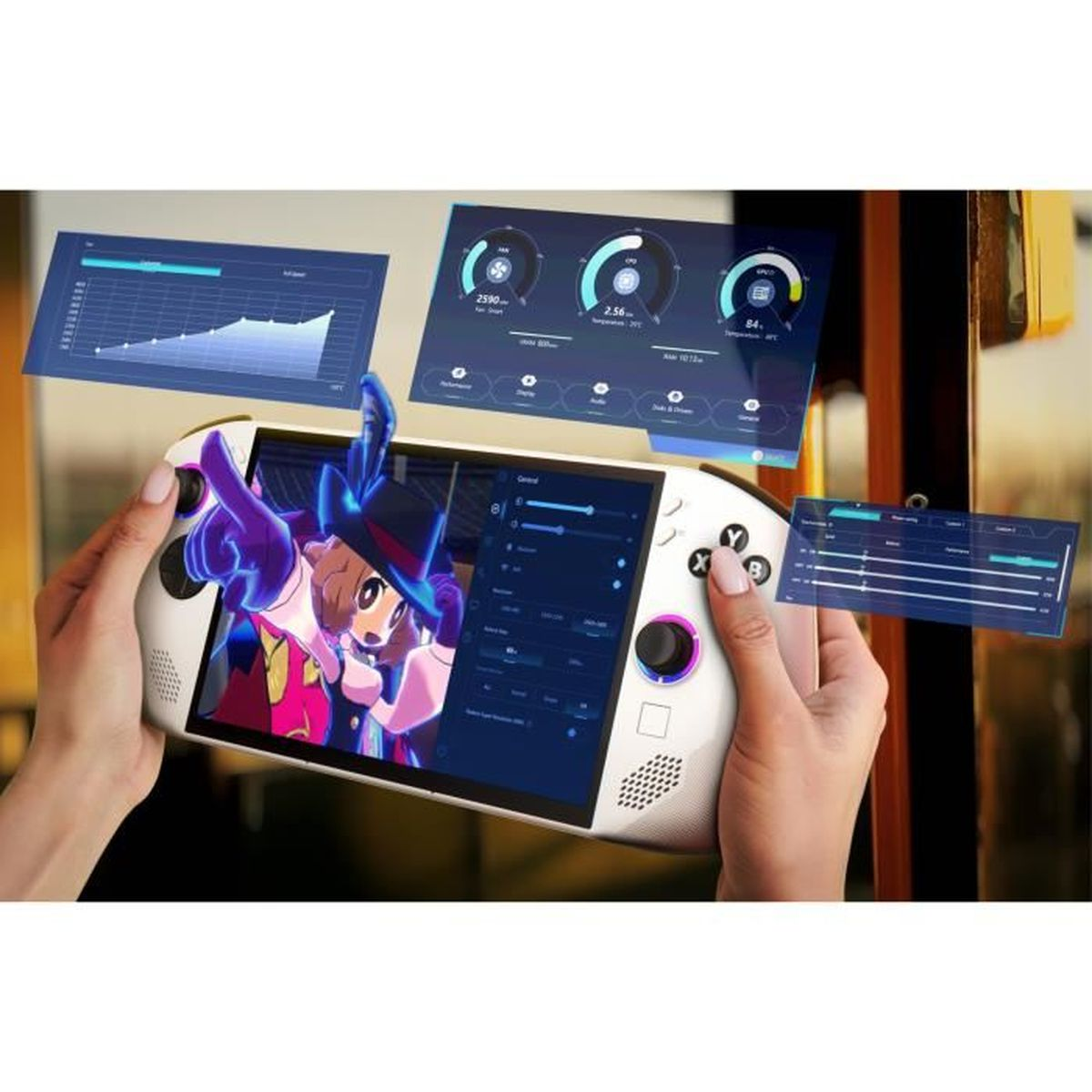 Weiße Handheld-Konsole mit Cartoon-Charakter und Diagrammen. Nahaufnahme.