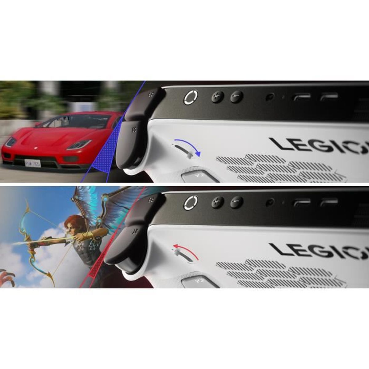 Roter Sportwagen und ein Engel mit Pfeil und Bogen, neben einem Controller.