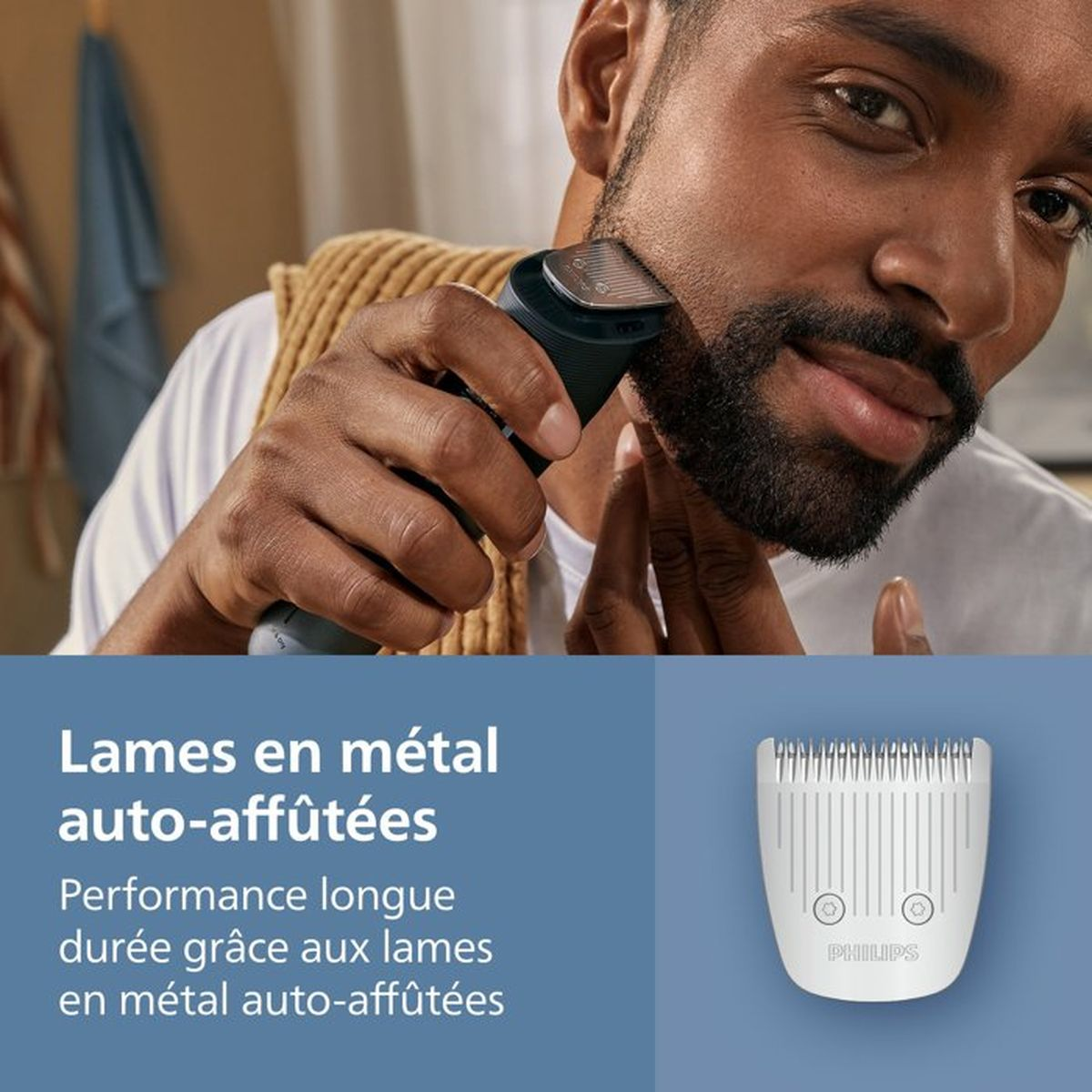 Uomo si rade la barba con un rifinitore. Accessorio rifinitore sotto.
