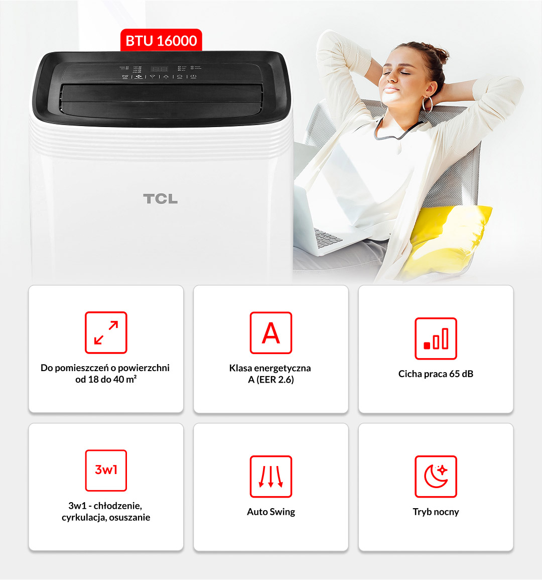 Przenośny klimatyzator TCL, 16000 BTU, klasa A, na 18-40m².