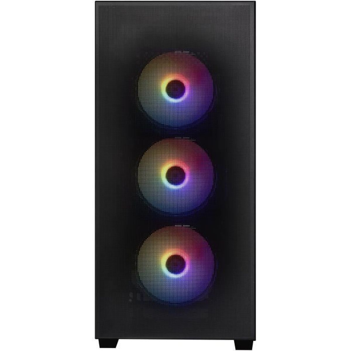 Ein schwarzes Computergehäuse mit drei beleuchteten Lüftern, die Regenbogenfarben anzeigen.