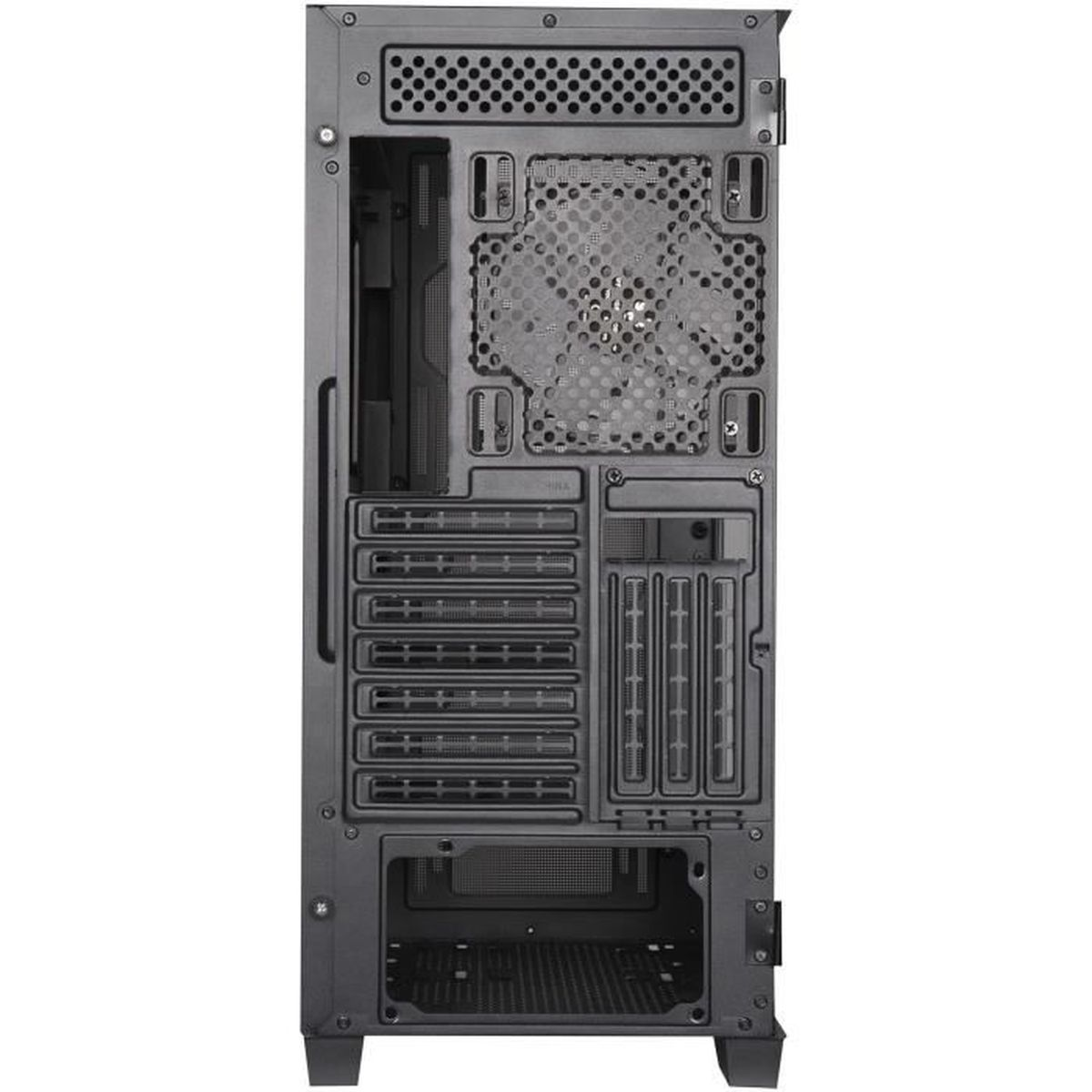 Rückseite eines schwarzen Computergehäuses mit Lüfter- und Erweiterungssteckplätzen.