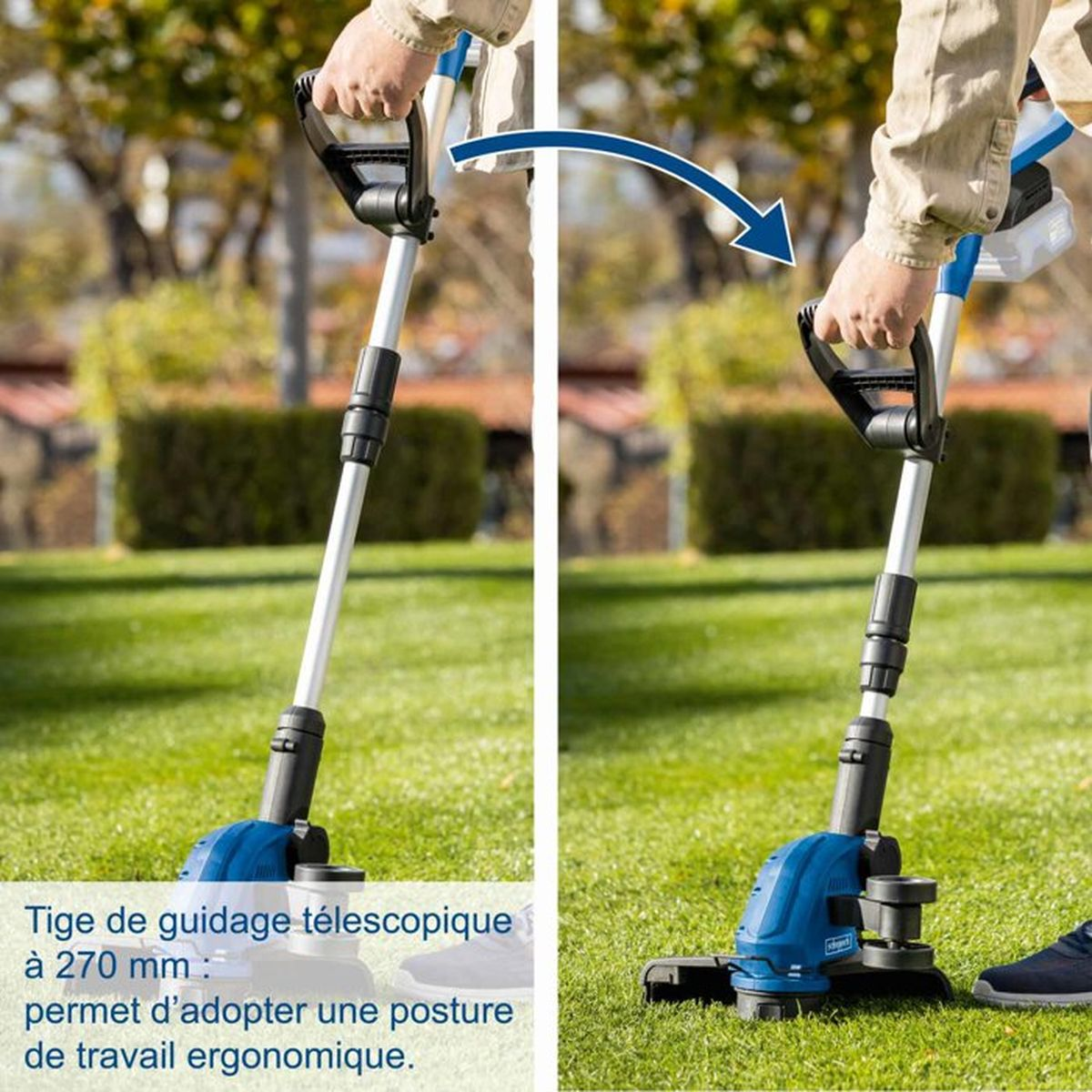 Person adjusts trimmer's telescopic handle for ergonomic posture.
