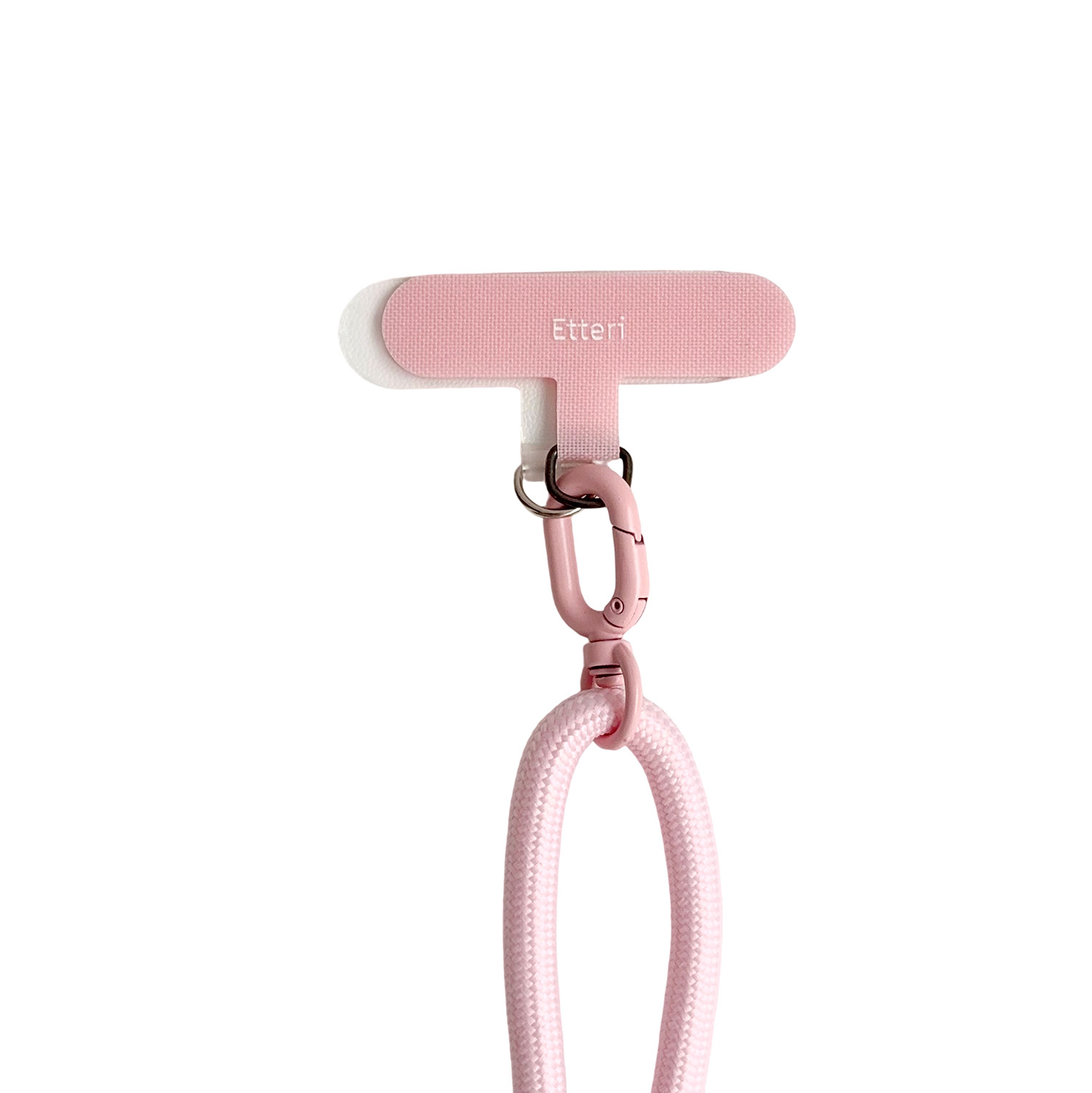 Un laccetto rosa per telefono con moschettone e cinghia, su sfondo bianco.