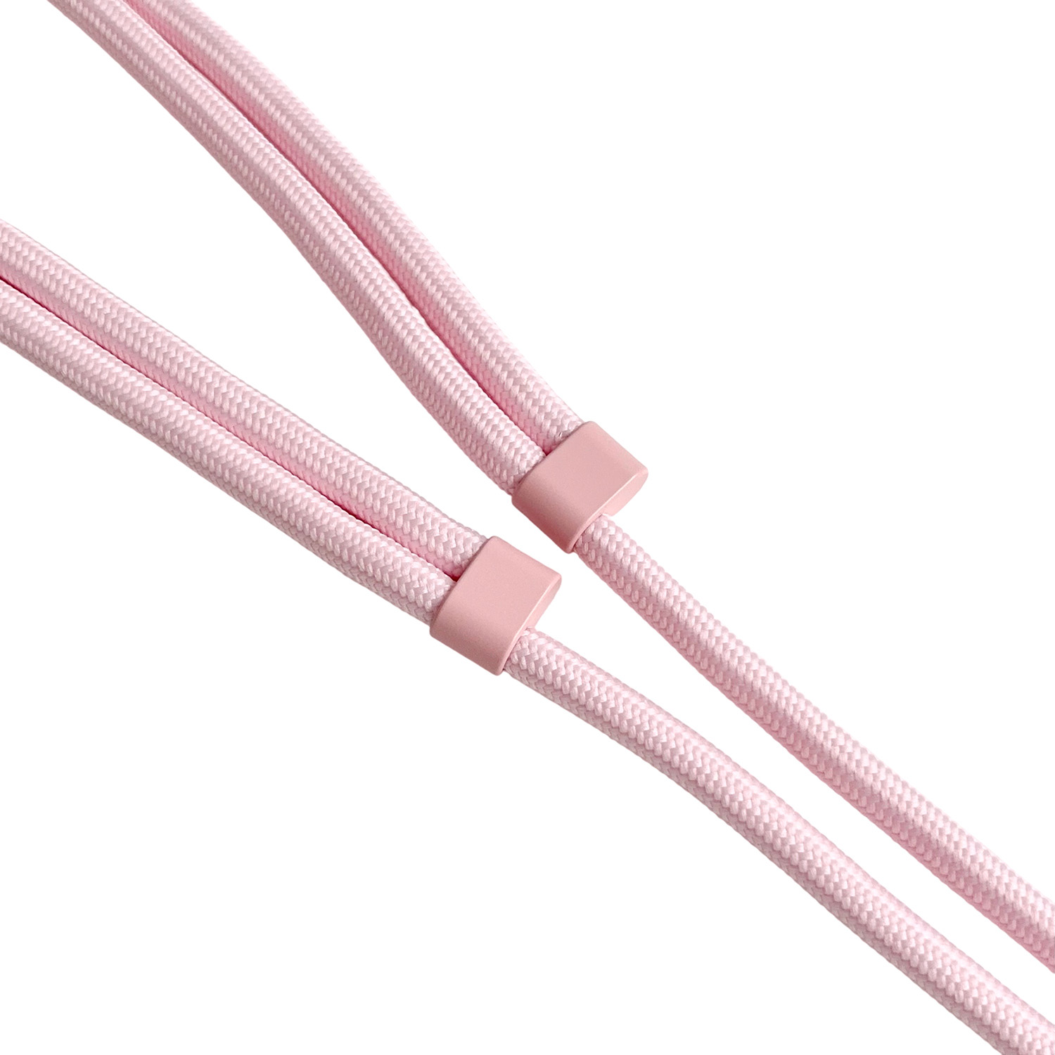 Due corde rosa con connettori in plastica rosa su sfondo bianco.