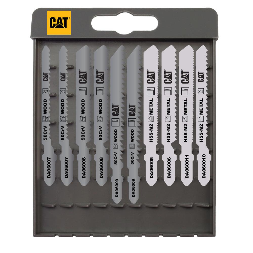 Ahşap ve metal için CAT dekupaj testere bıçağı seti gri saklama kutusunda.