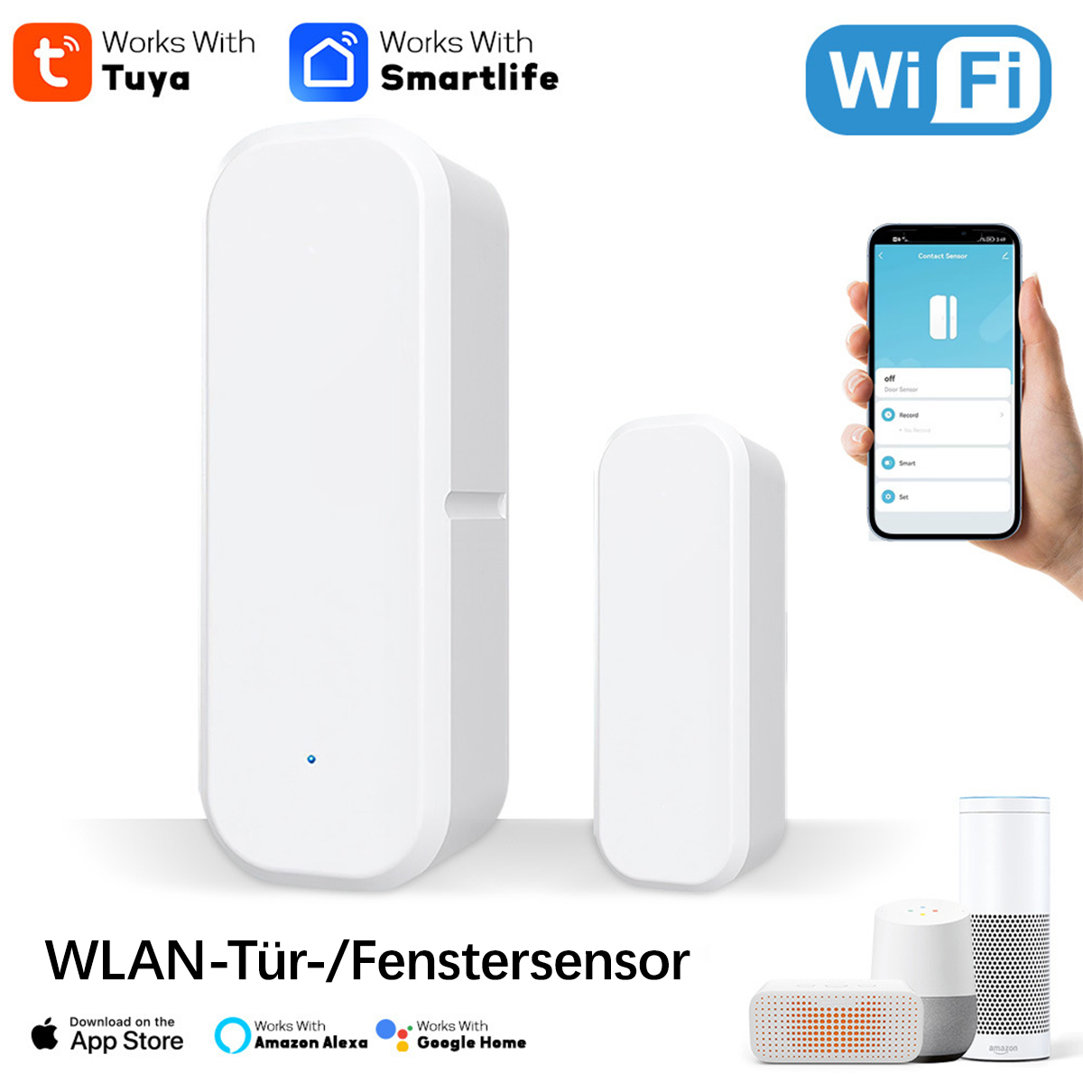 Weiße WLAN-Tür-/Fenstersensoren mit App-Steuerung und Smart-Home-Geräten.