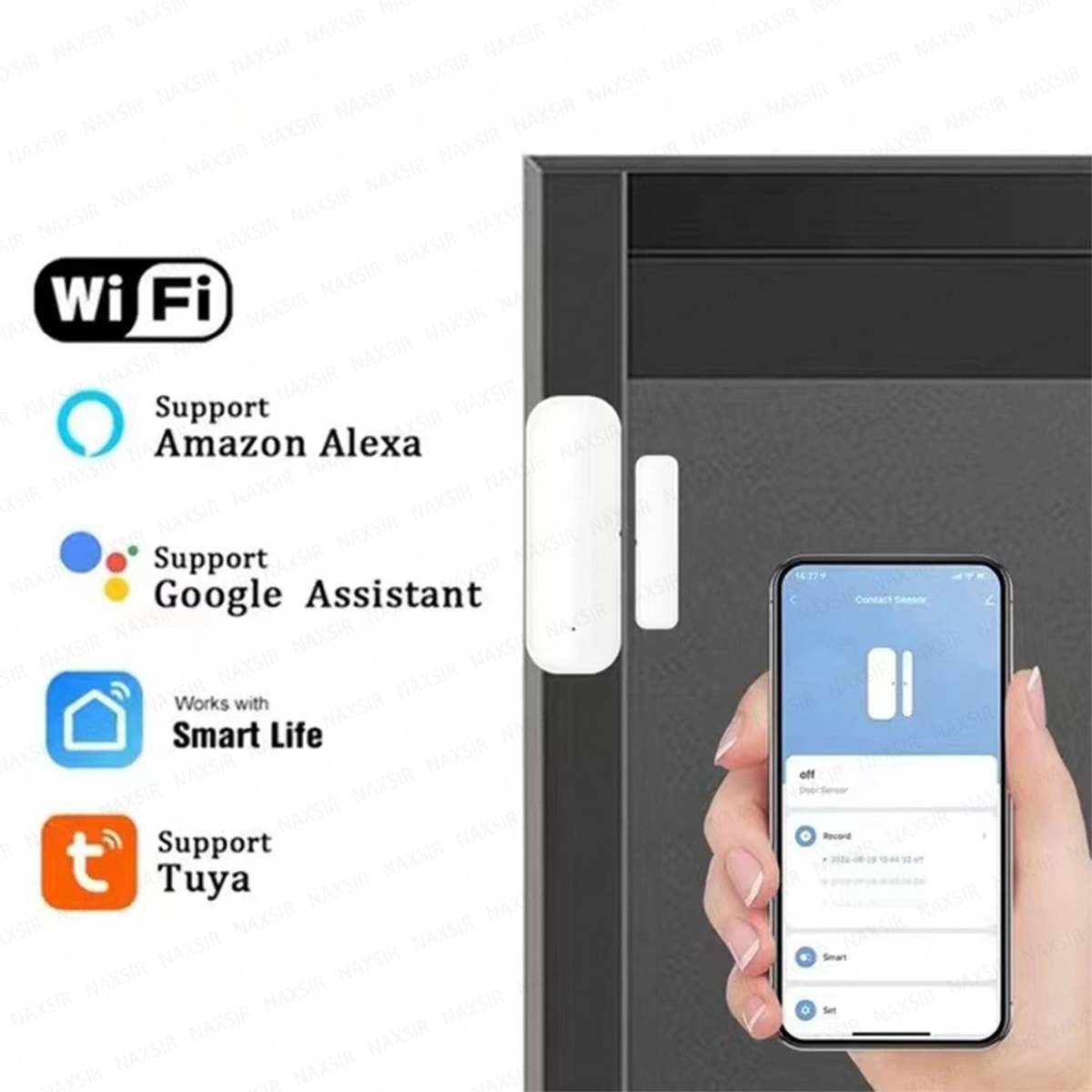 Ein weißer Türkontaktsensor an einem Türrahmen, neben einem Smartphone mit App.